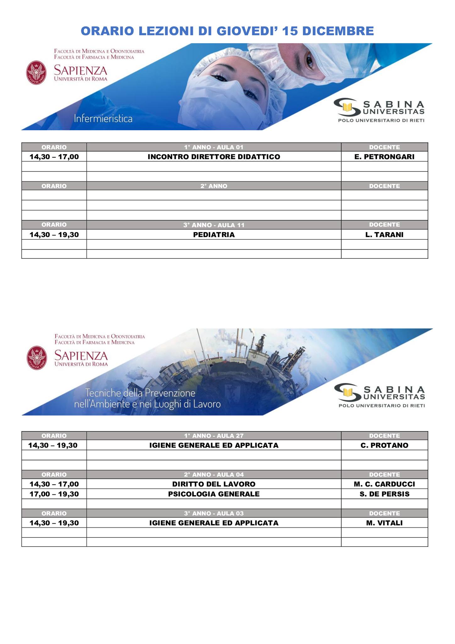 Professioni Sanitarie: orario lezioni di giovedì 15 dicembre