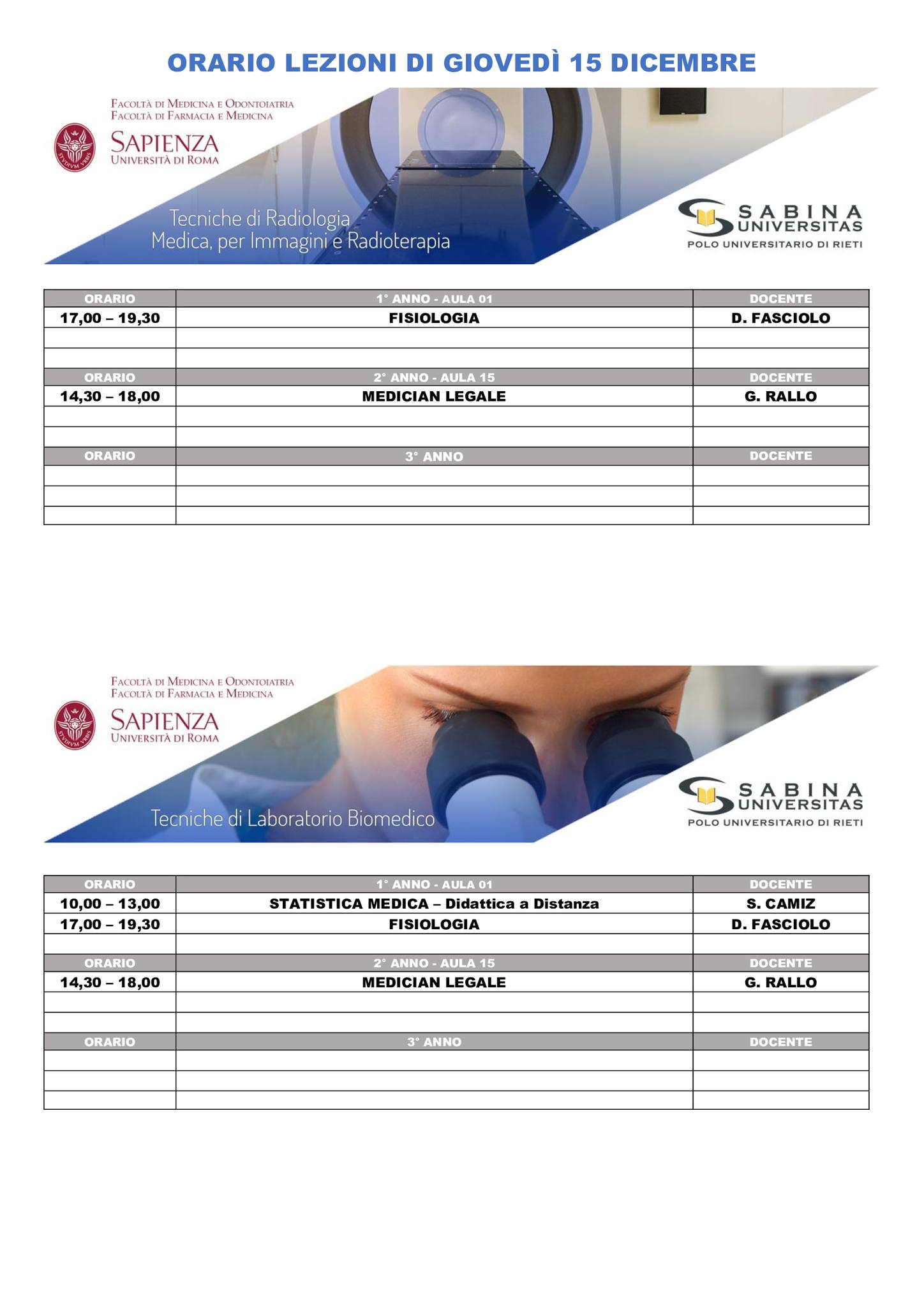 Professioni Sanitarie: orario lezioni di giovedì 15 dicembre