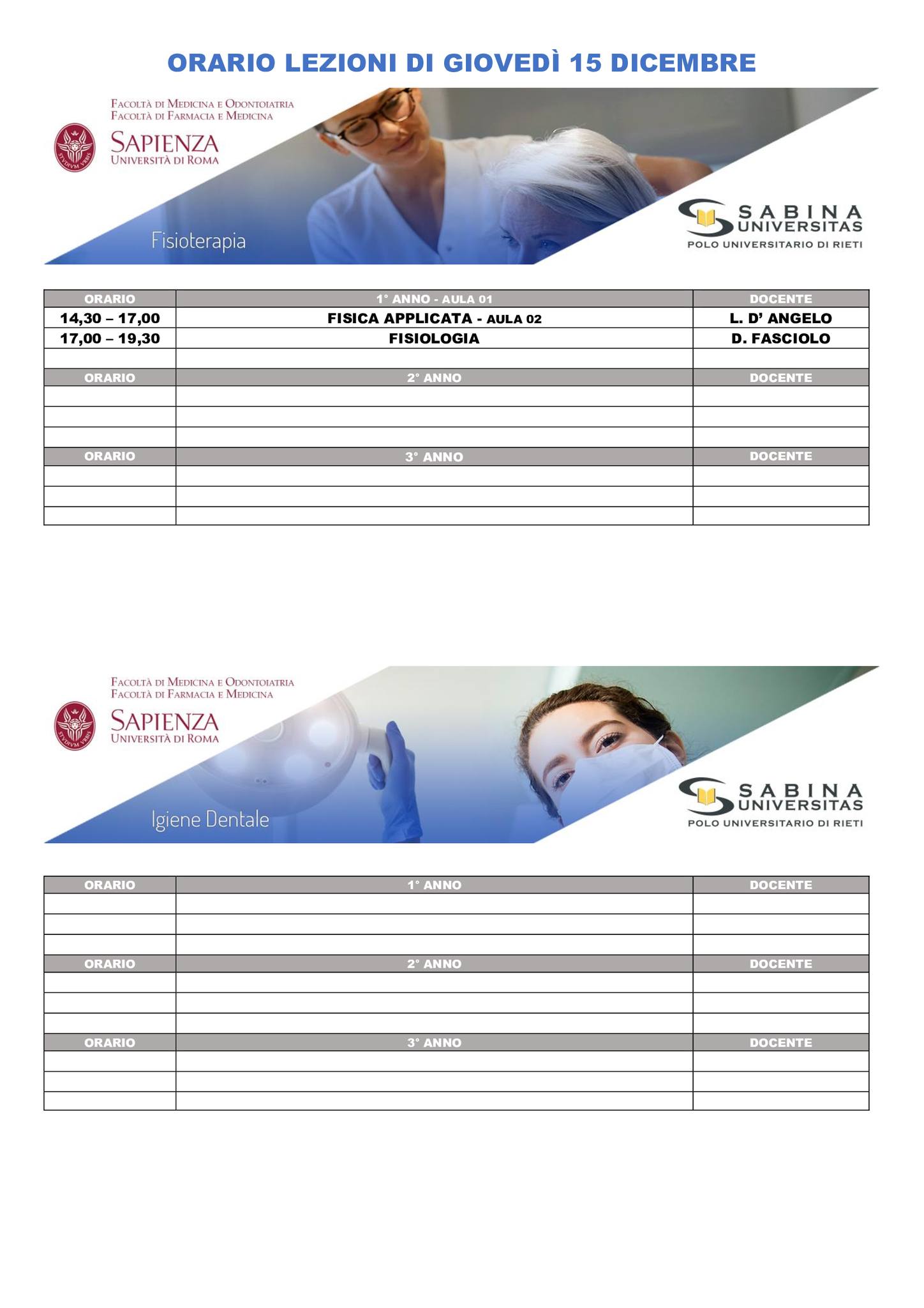 Professioni Sanitarie: orario lezioni di giovedì 15 dicembre