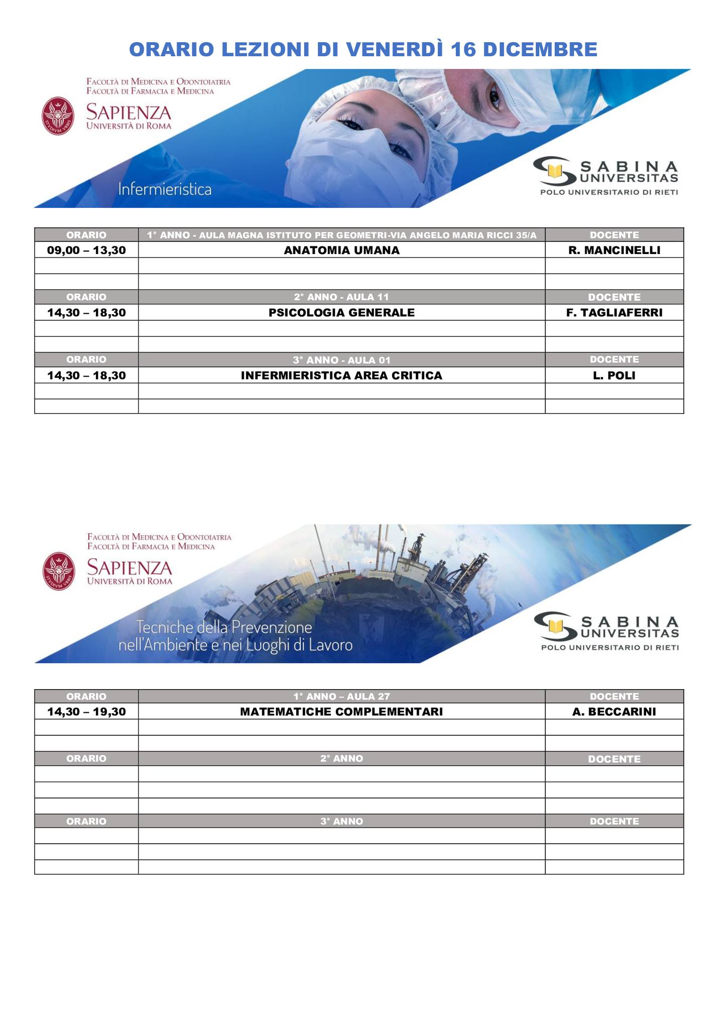 Professioni Sanitarie: orario lezioni di venerdì 16 dicembre