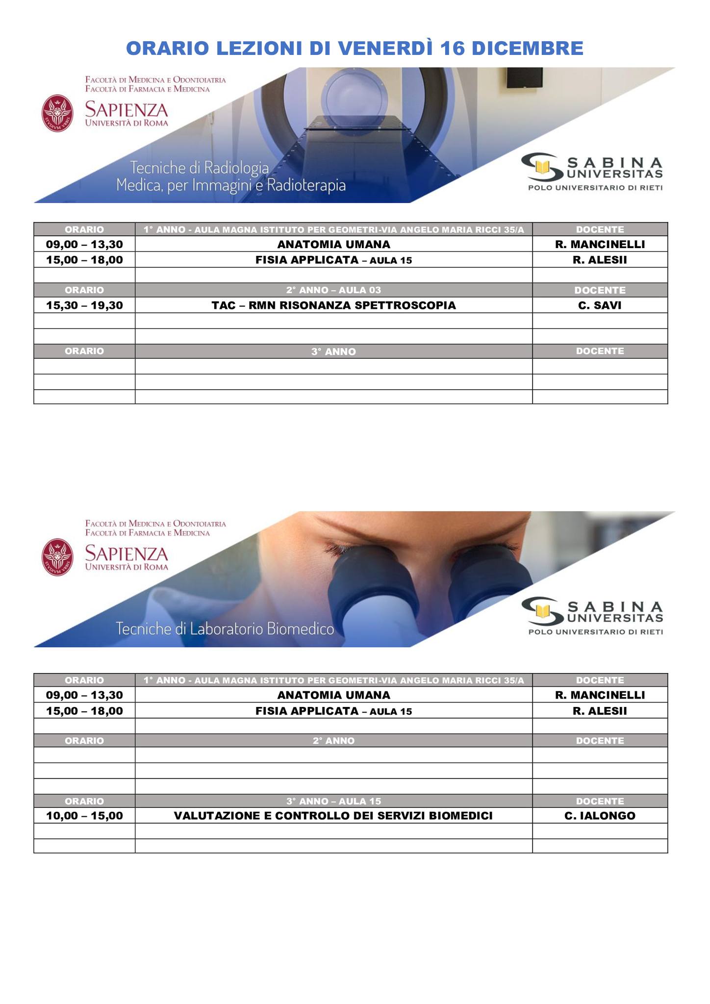 Professioni Sanitarie: orario lezioni di venerdì 16 dicembre