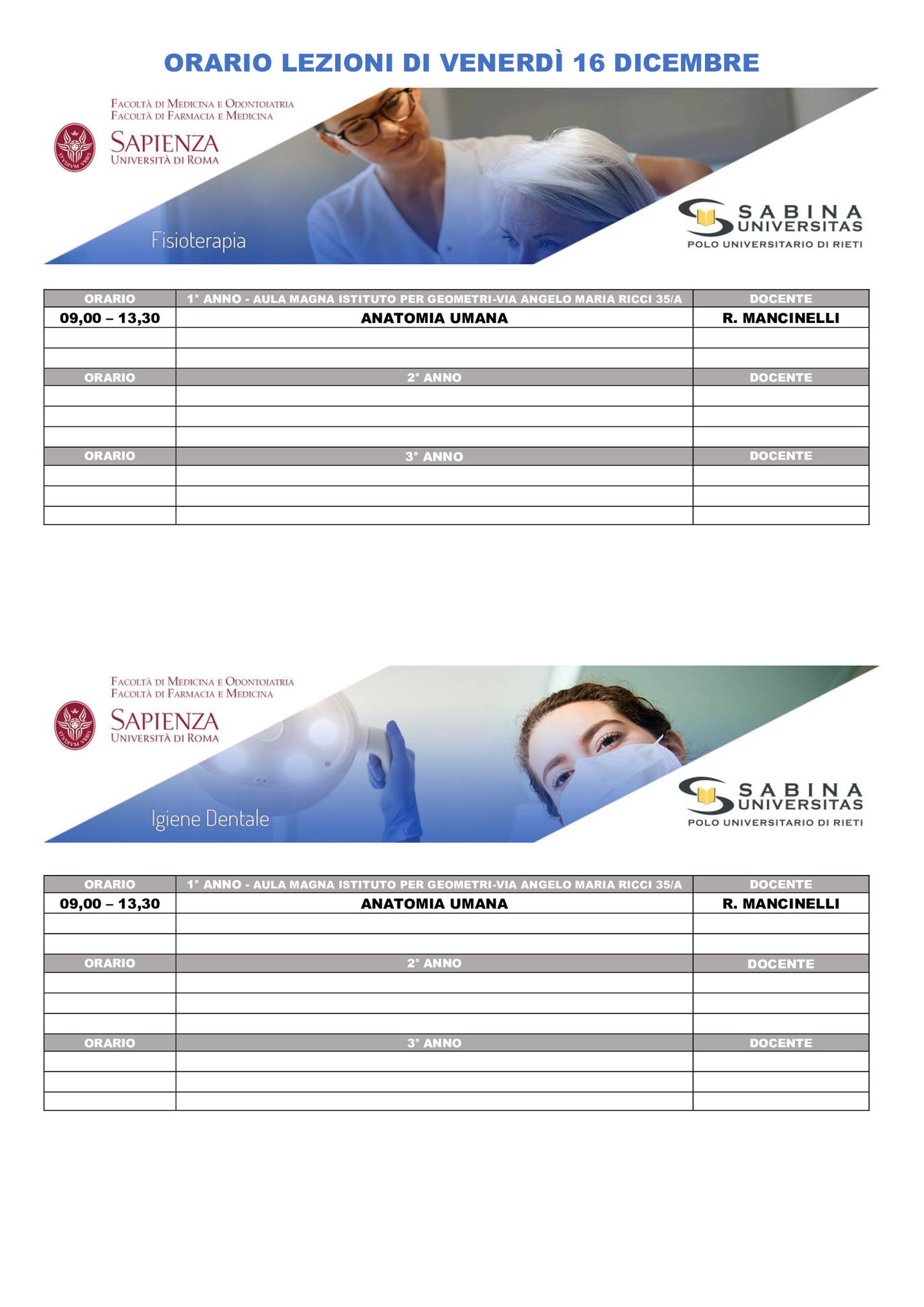 Professioni Sanitarie: orario lezioni di venerdì 16 dicembre