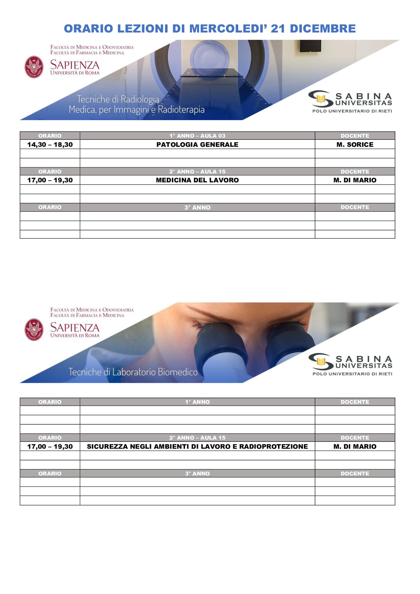 Professioni Sanitarie: orario lezioni di mercoledì 21 dicembre