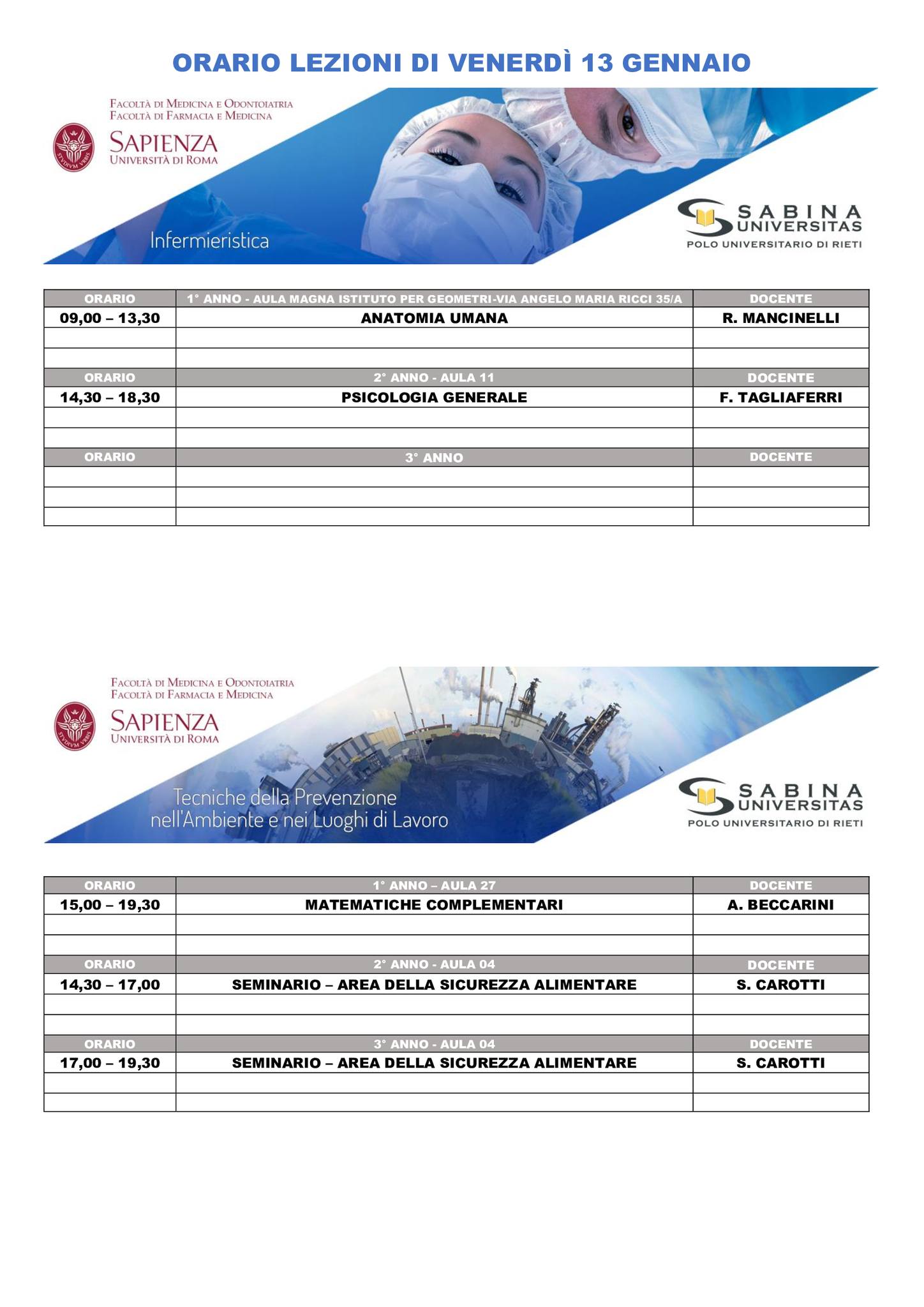 Professioni Sanitarie: orario lezioni di venerdì 13 gennaio