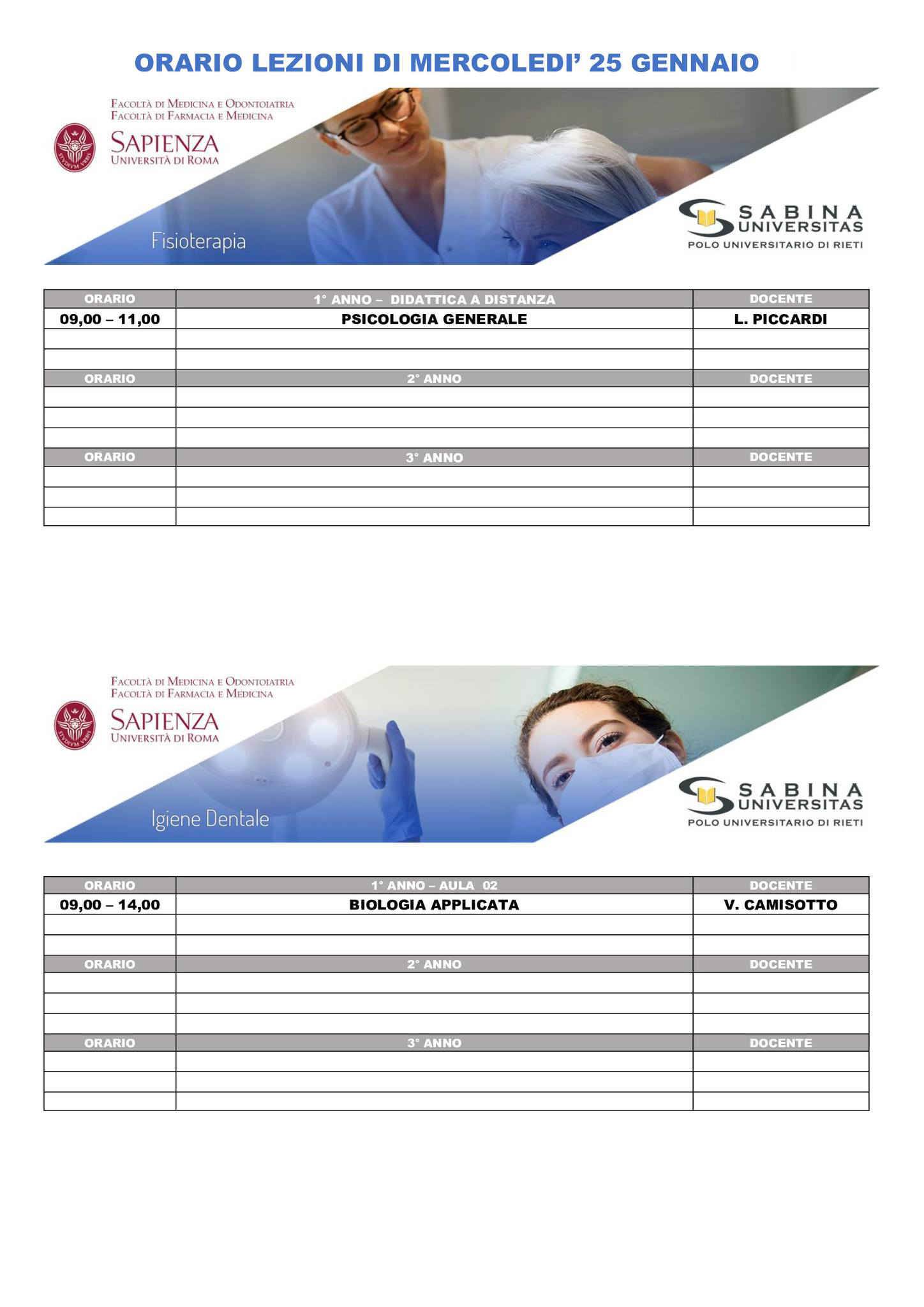 Professioni Sanitarie: orario lezioni di mercoledì 25 gennaio