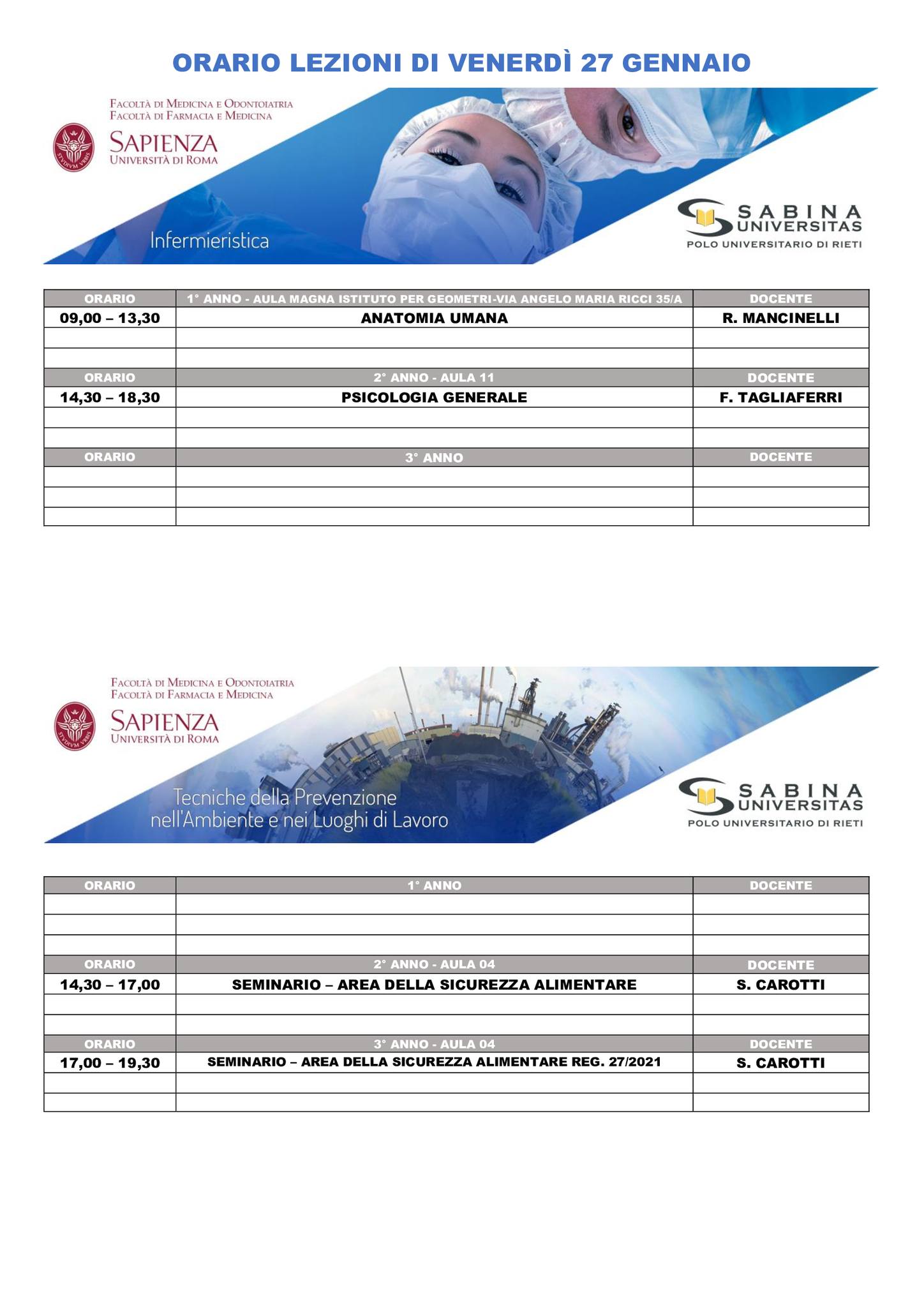 Professioni Sanitarie: orario lezioni di venerdì 27 gennaio