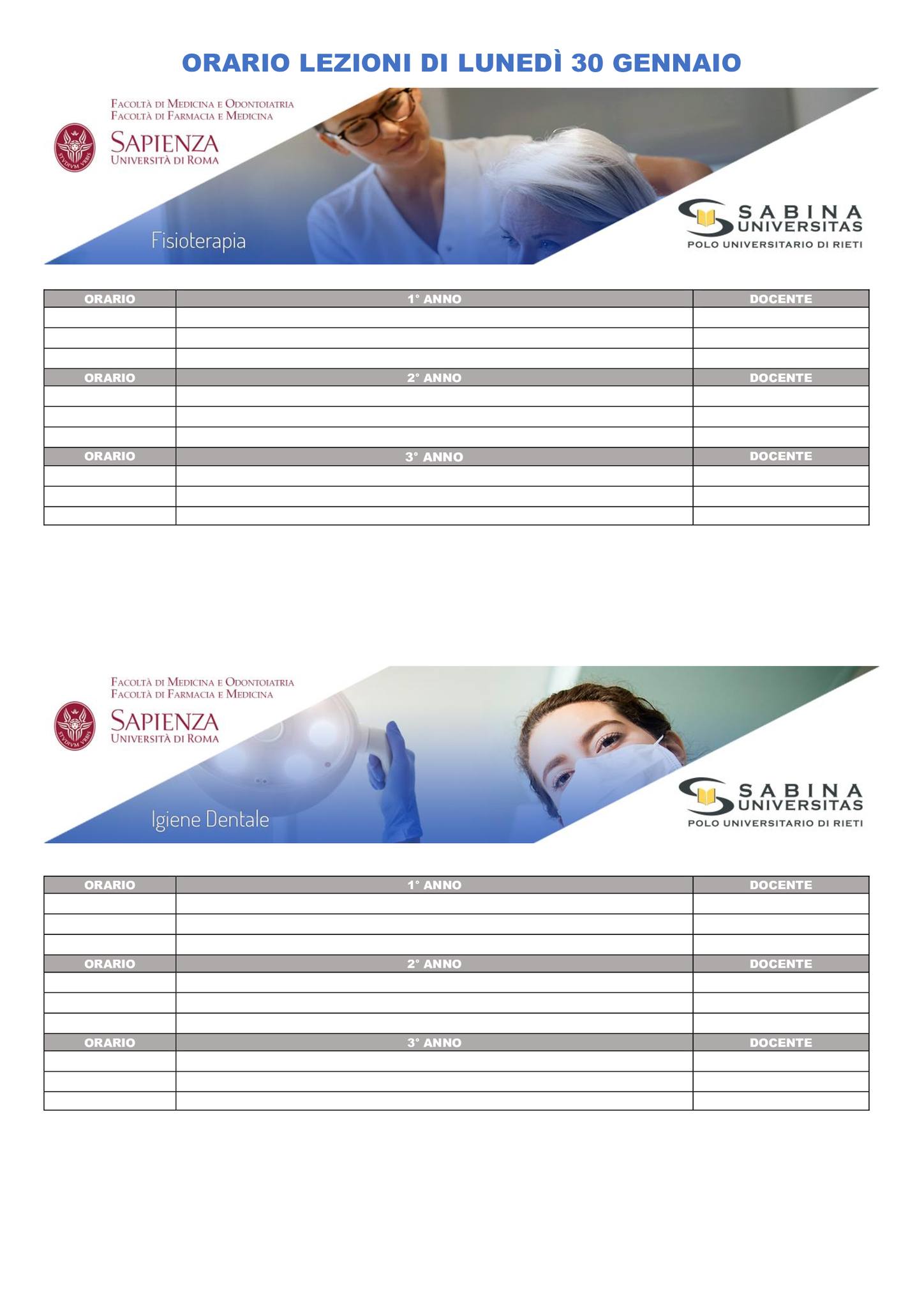 Professioni Sanitarie: orario lezioni di lunedì 30 gennaio