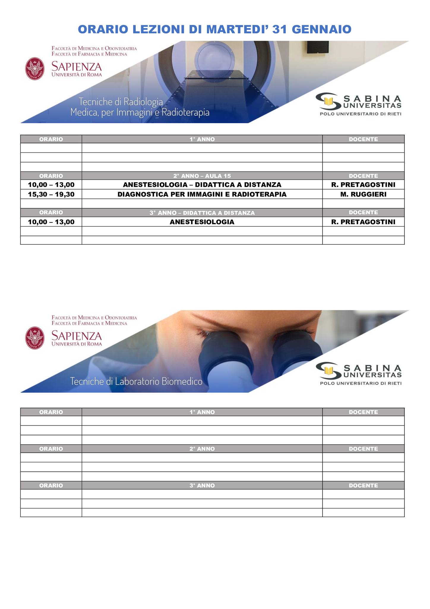Professioni Sanitarie: orario lezioni di martedì 31 gennaio