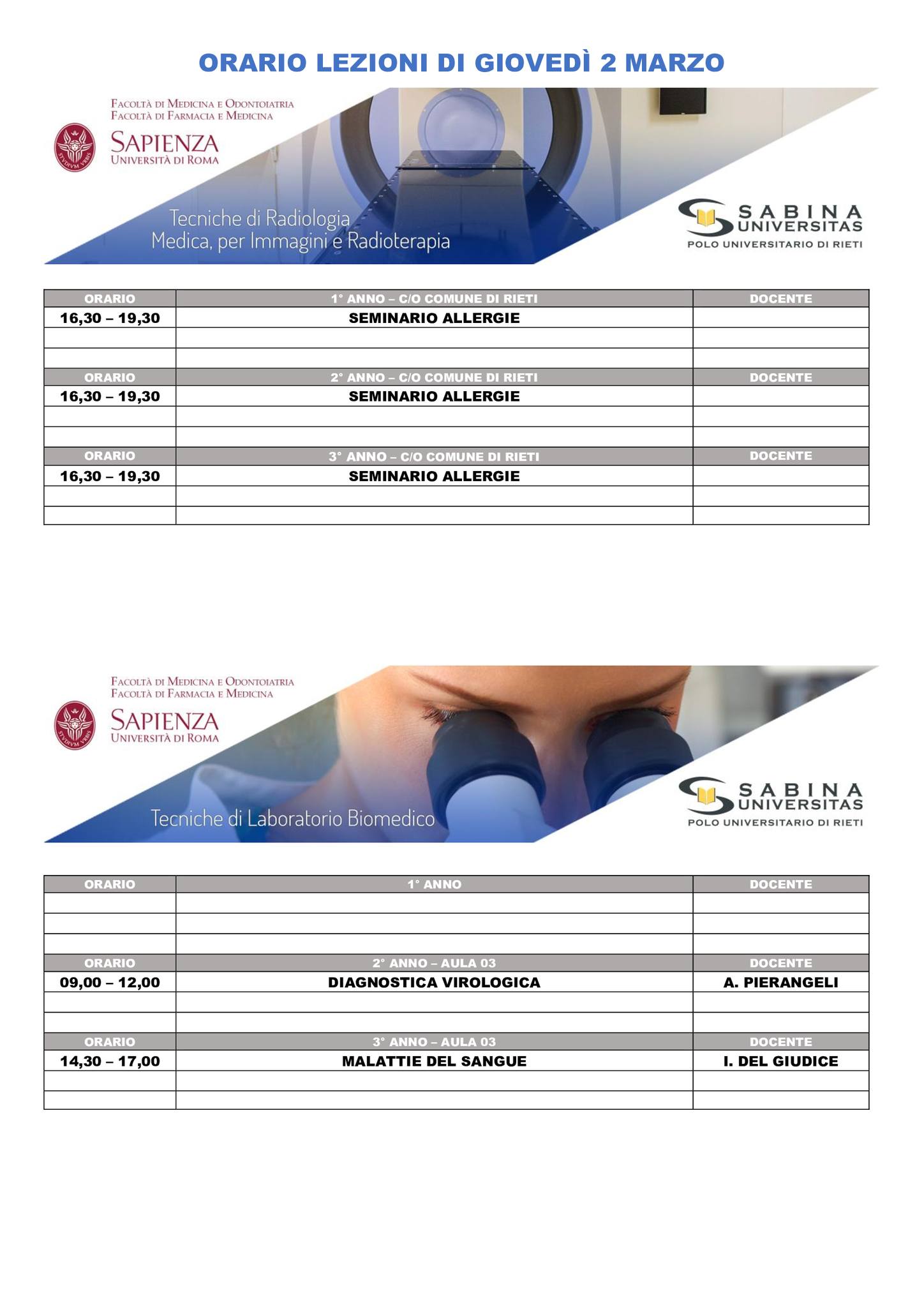 Professioni Sanitarie: orario lezioni di giovedì 2 marzo