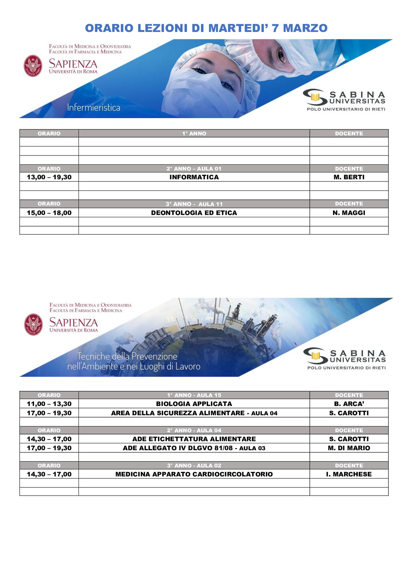 Professioni Sanitarie: orario lezioni di martedì 7 marzo