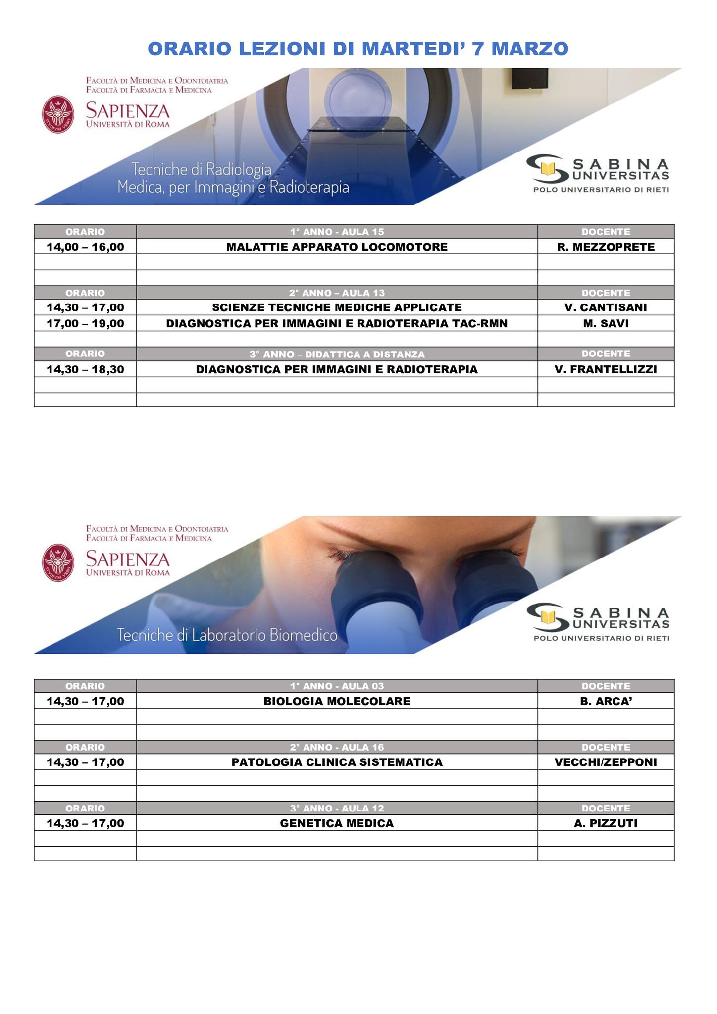 Professioni Sanitarie: orario lezioni di martedì 7 marzo