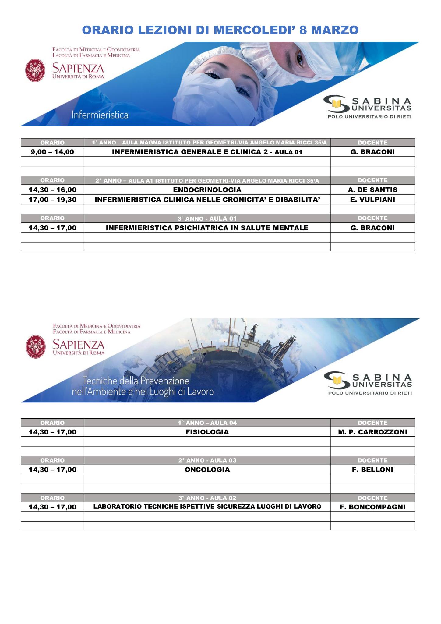 Professioni Sanitarie: orario lezioni di mercoledì 8 marzo