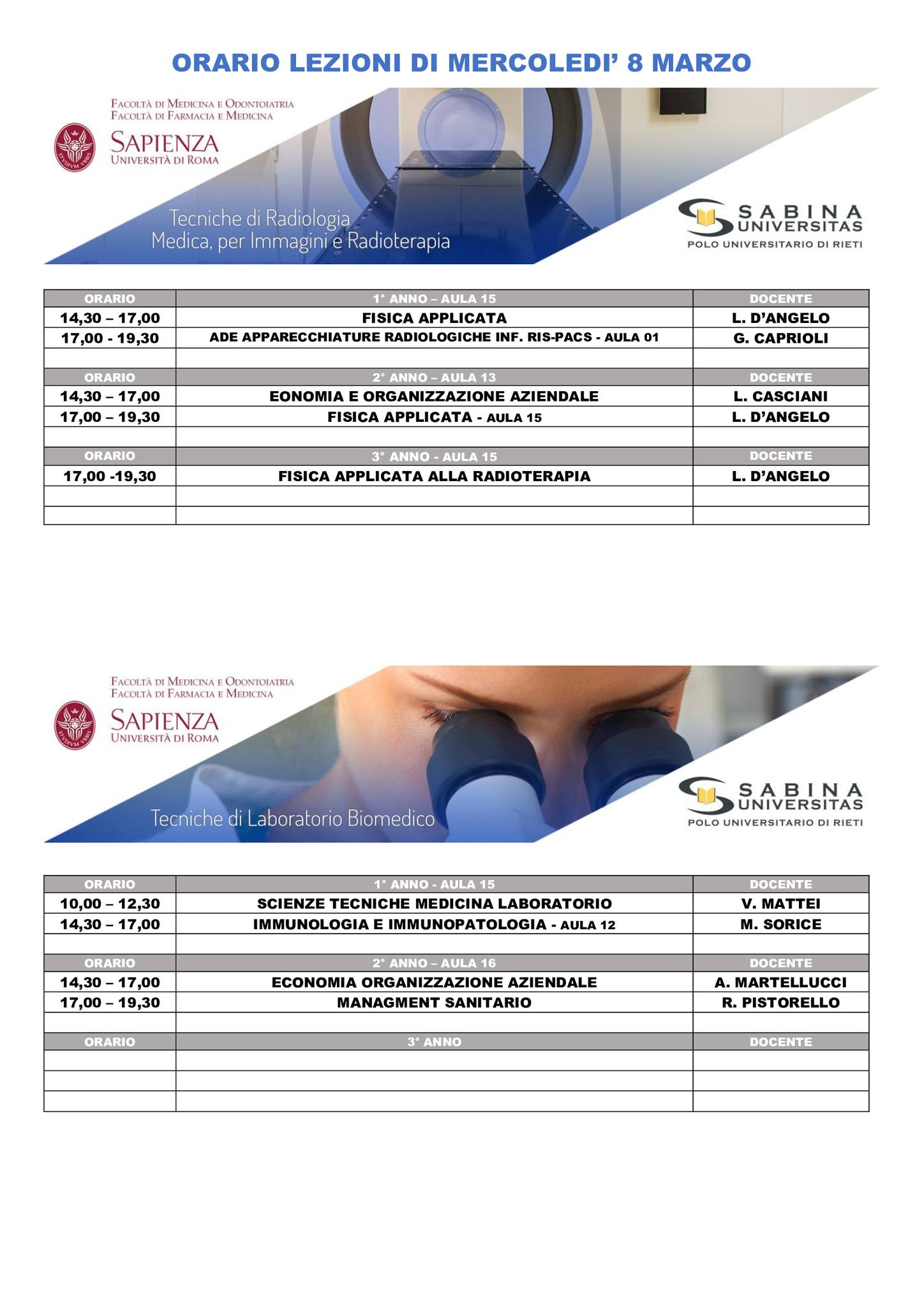 Professioni Sanitarie: orario lezioni di mercoledì 8 marzo