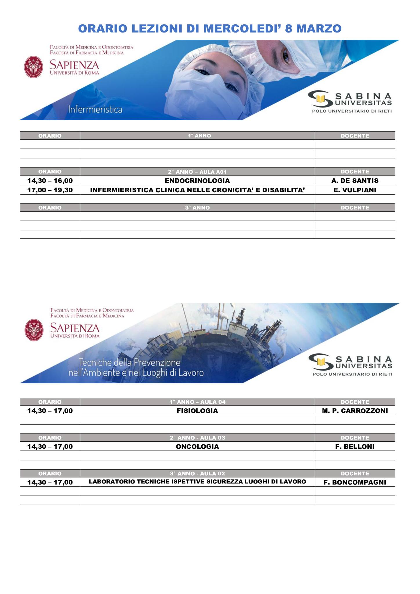 Professioni Sanitarie: orario lezioni di mercoledì 8 marzo