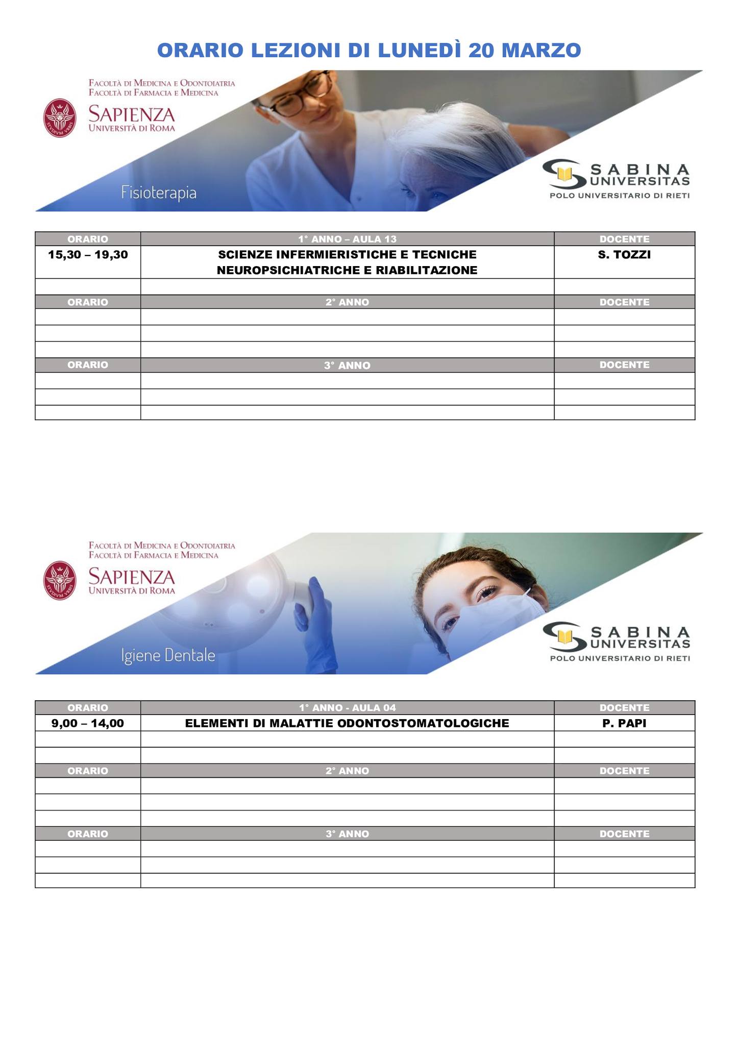 Professioni Sanitarie: orario lezioni di lunedì 20 marzo