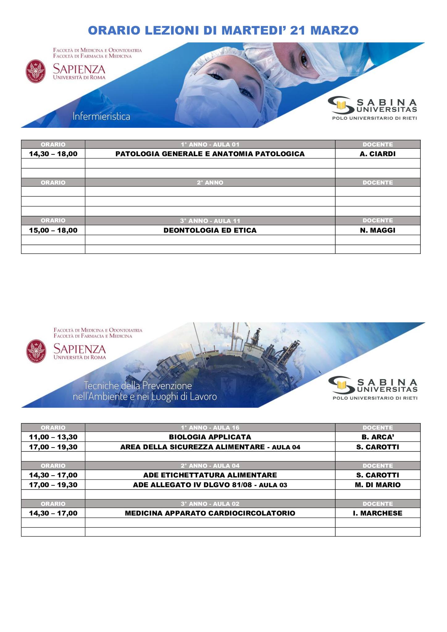 Professioni Sanitarie: orario lezioni di martedì 21 marzo