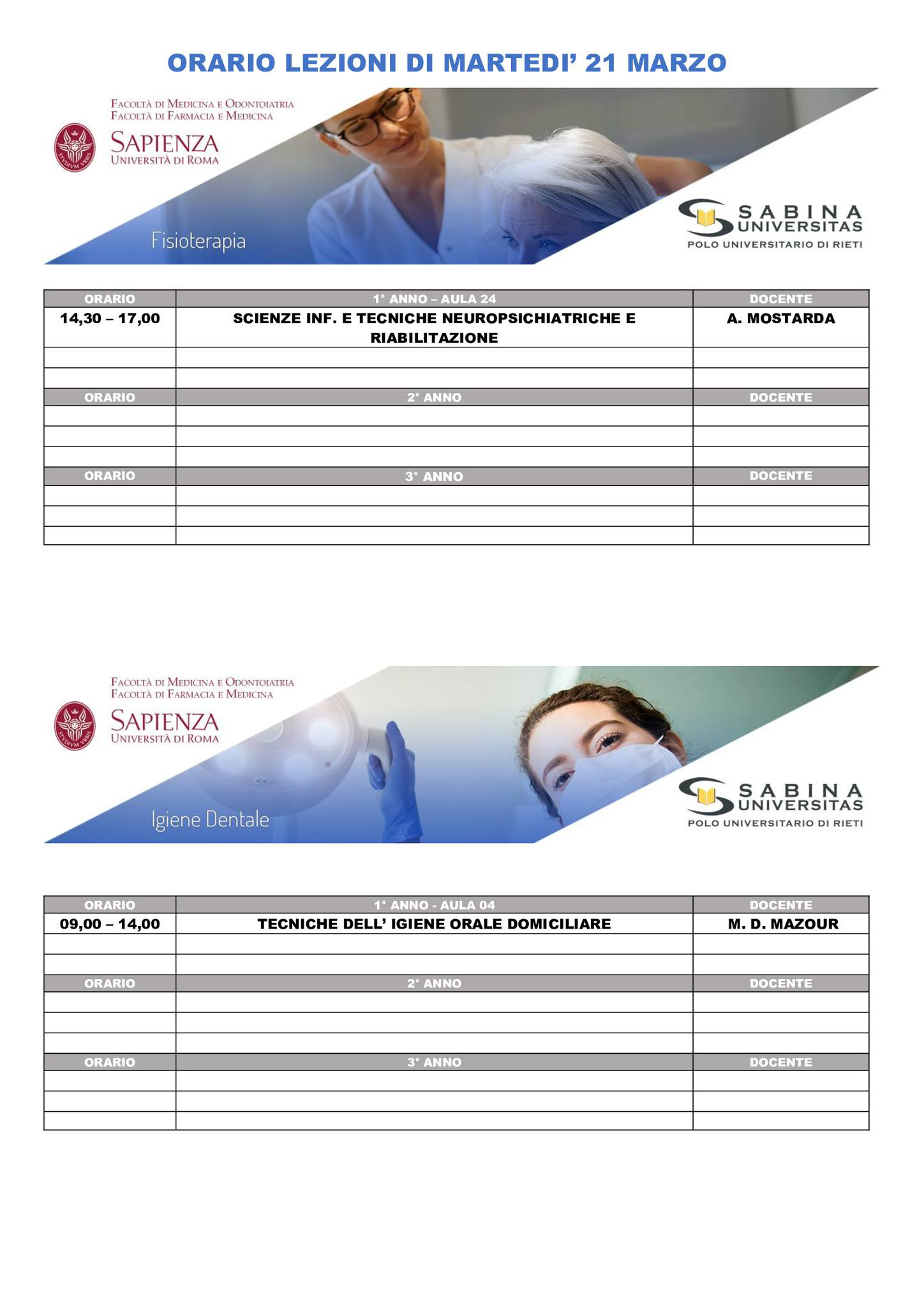 Professioni Sanitarie: orario lezioni di martedì 21 marzo