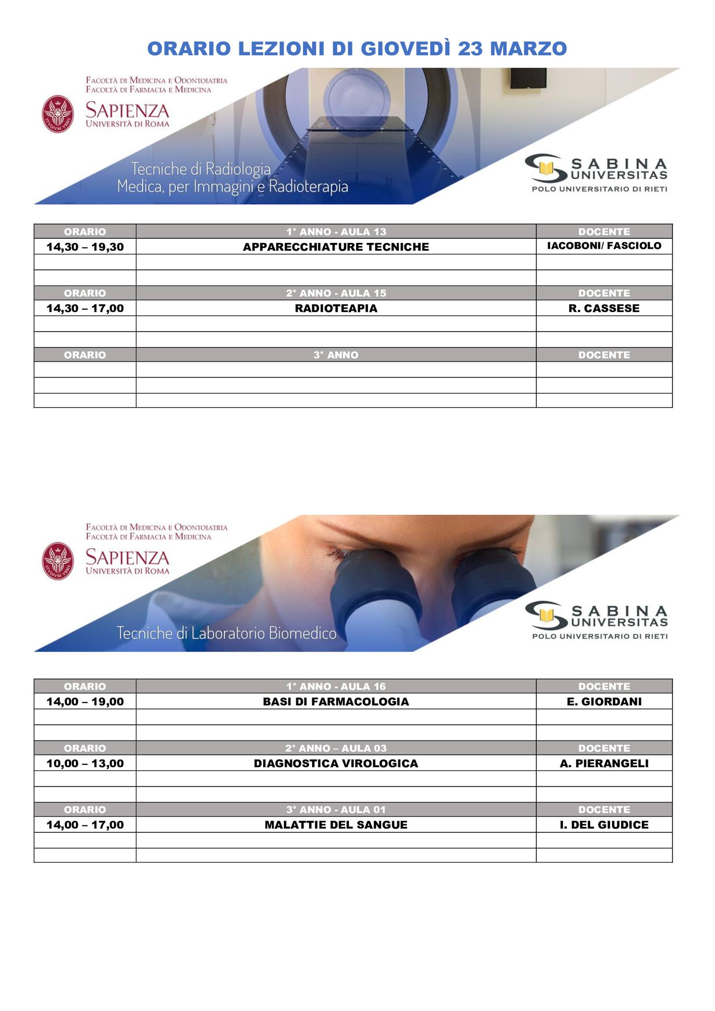 Professioni Sanitarie: orario lezioni di giovedì 23 marzo