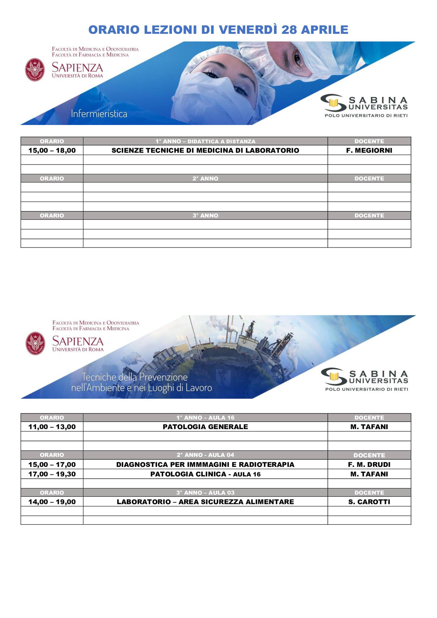 Professioni Sanitarie: orario lezioni di venerdì 28 aprile