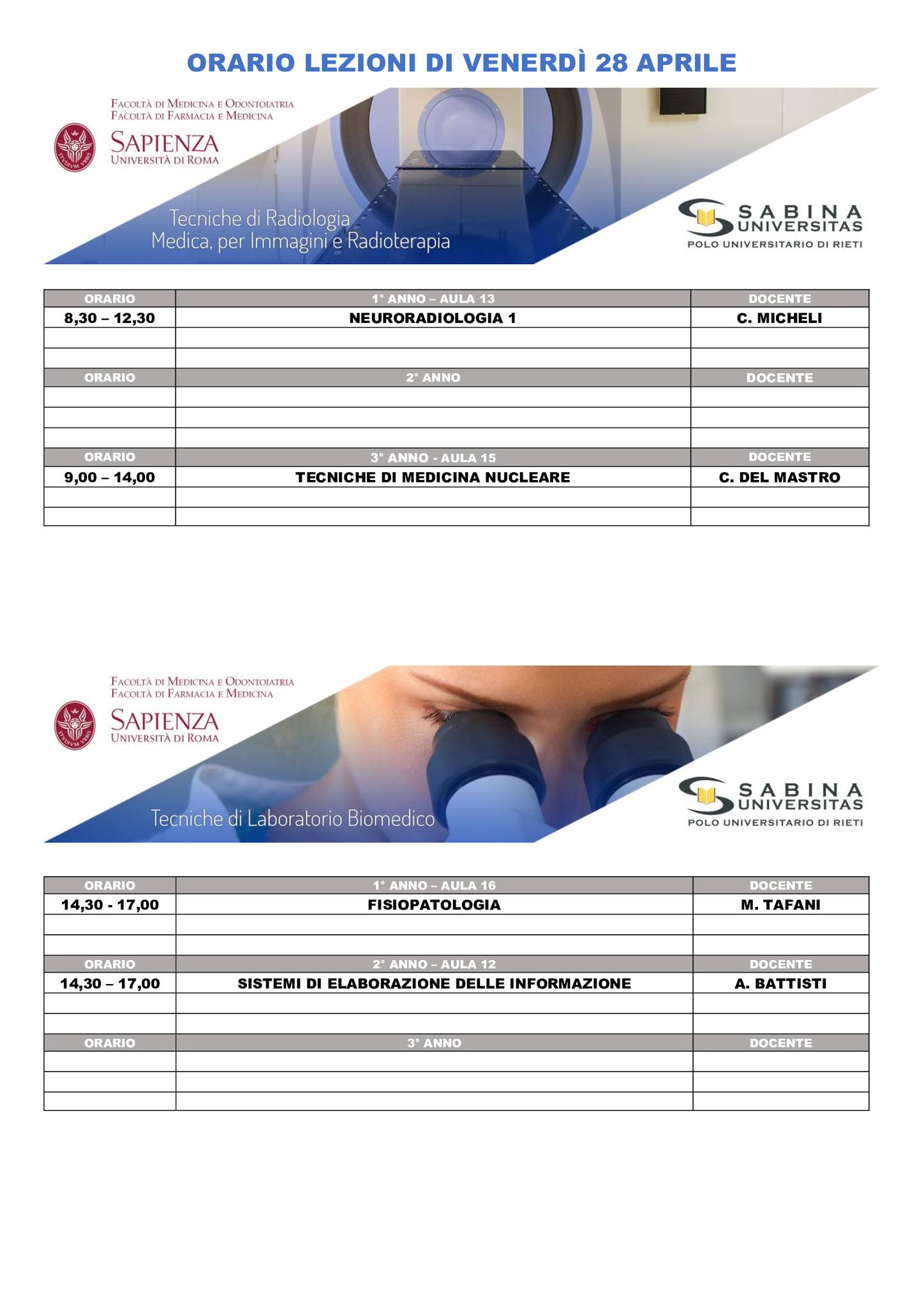 Professioni Sanitarie: orario lezioni di venerdì 28 aprile