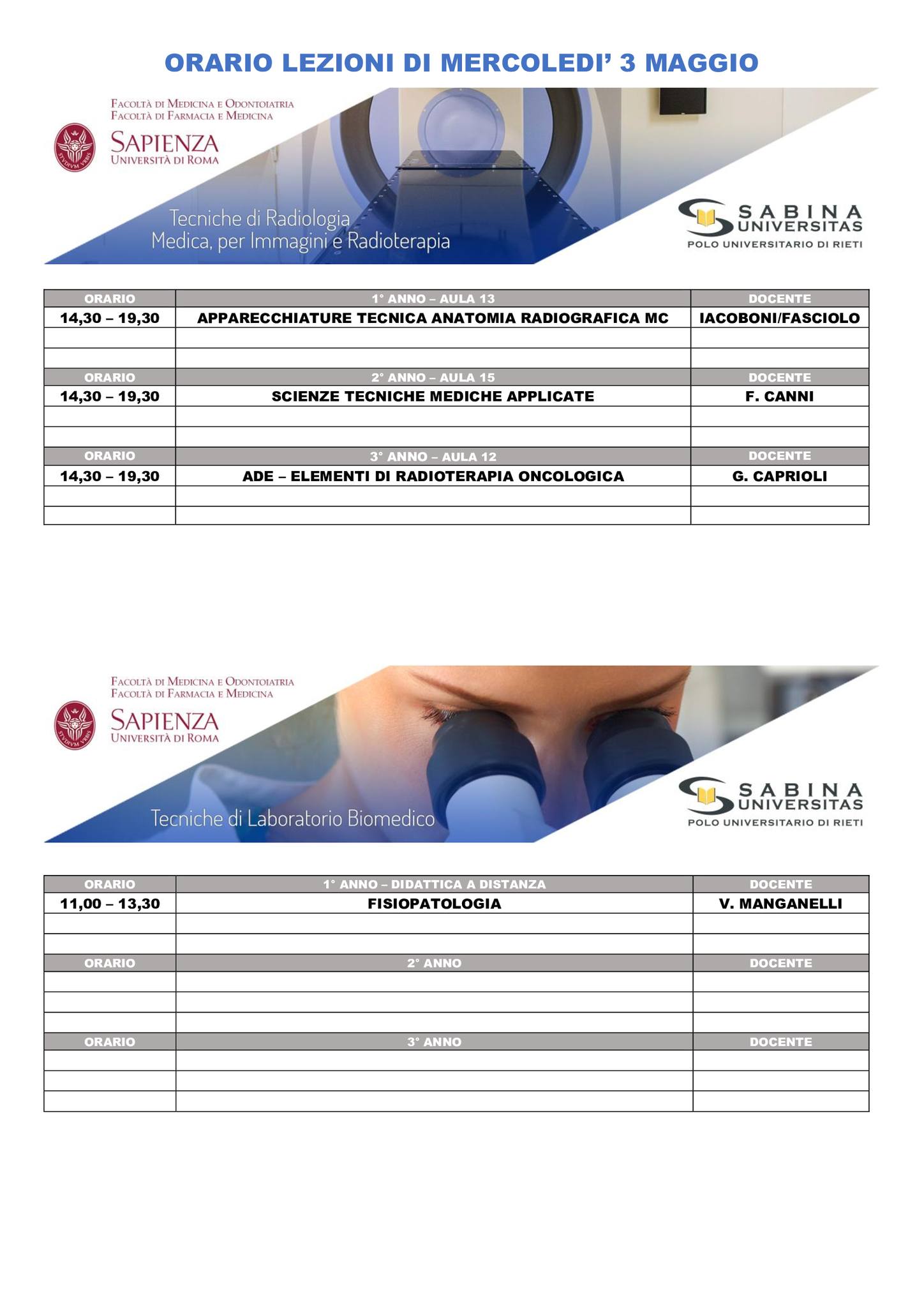 Professioni Sanitarie: orario lezioni di mercoledì 3 maggio