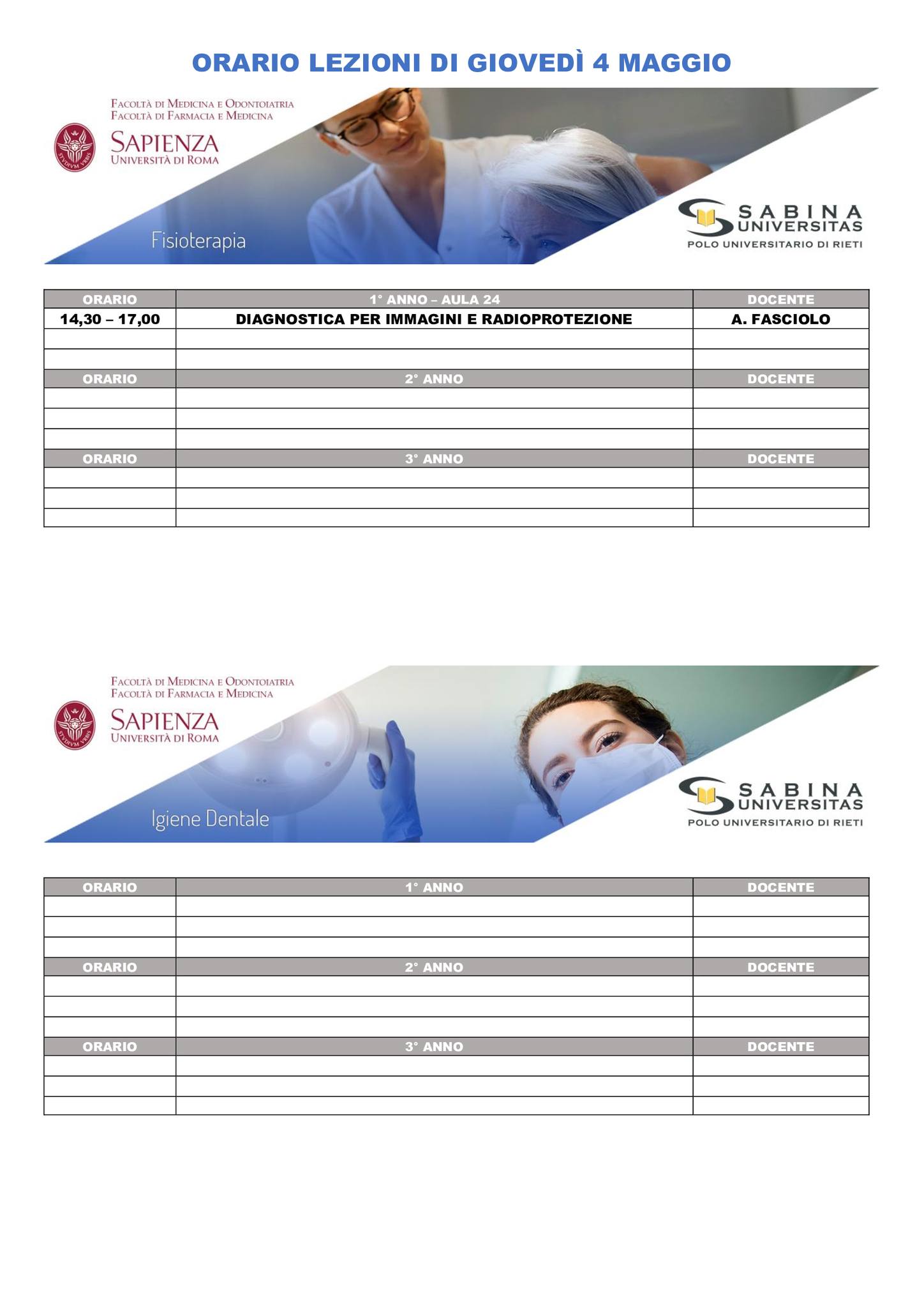 Professioni Sanitarie: orario lezioni di giovedì 4 maggio