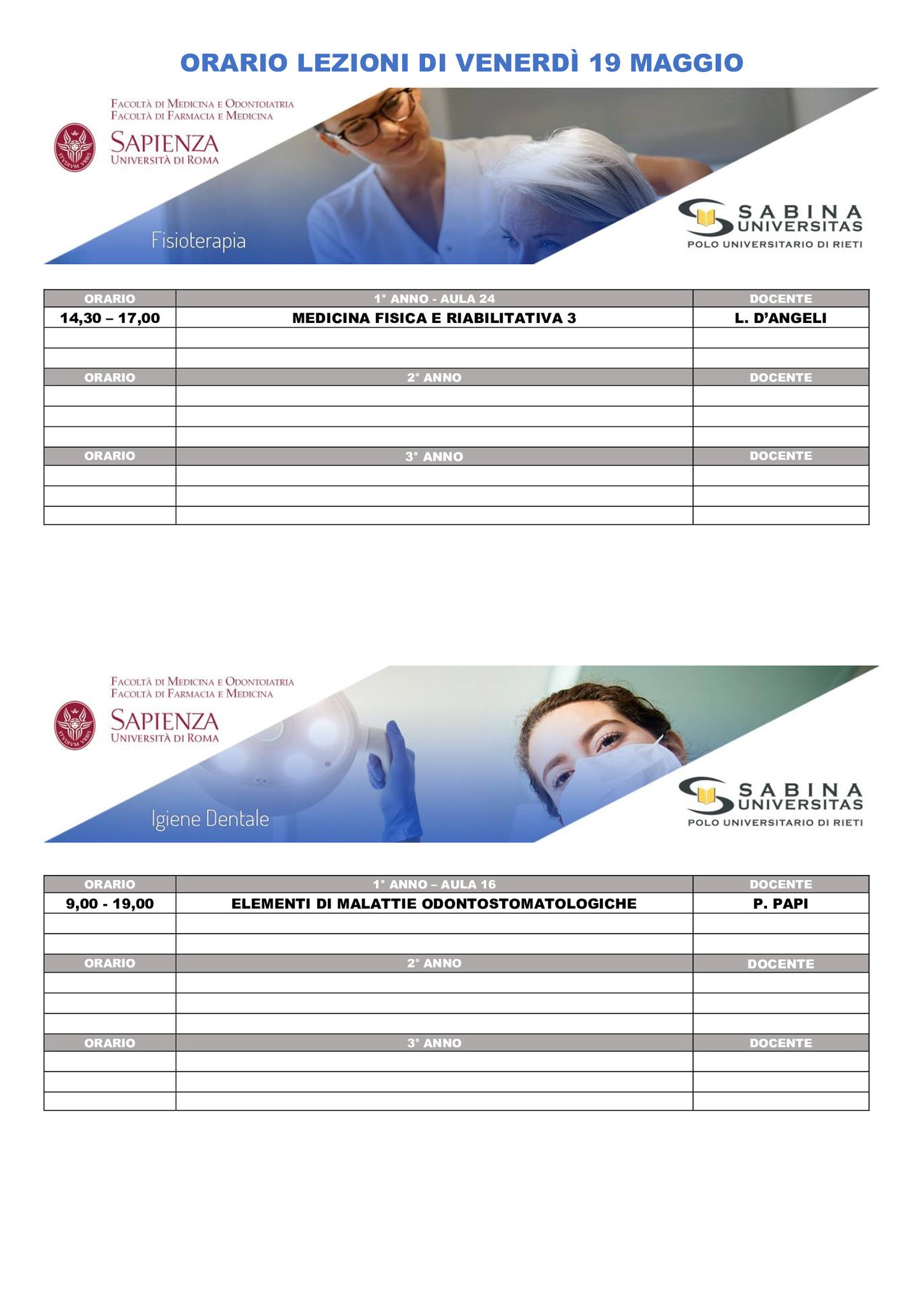 Professioni Sanitarie: orario lezioni di venerdì 19 maggio