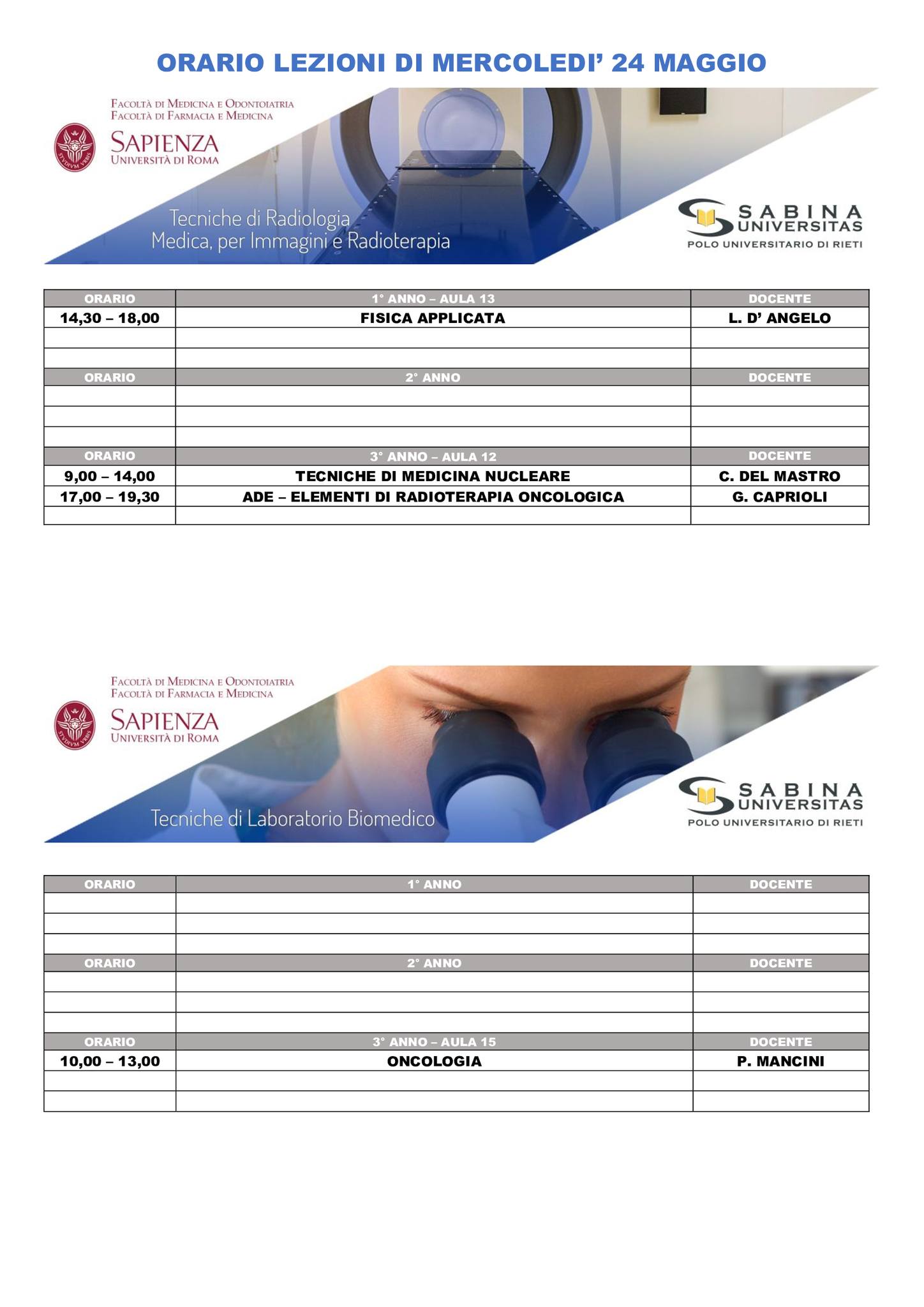 Professioni Sanitarie: orario lezioni di mercoledì 24 maggio
