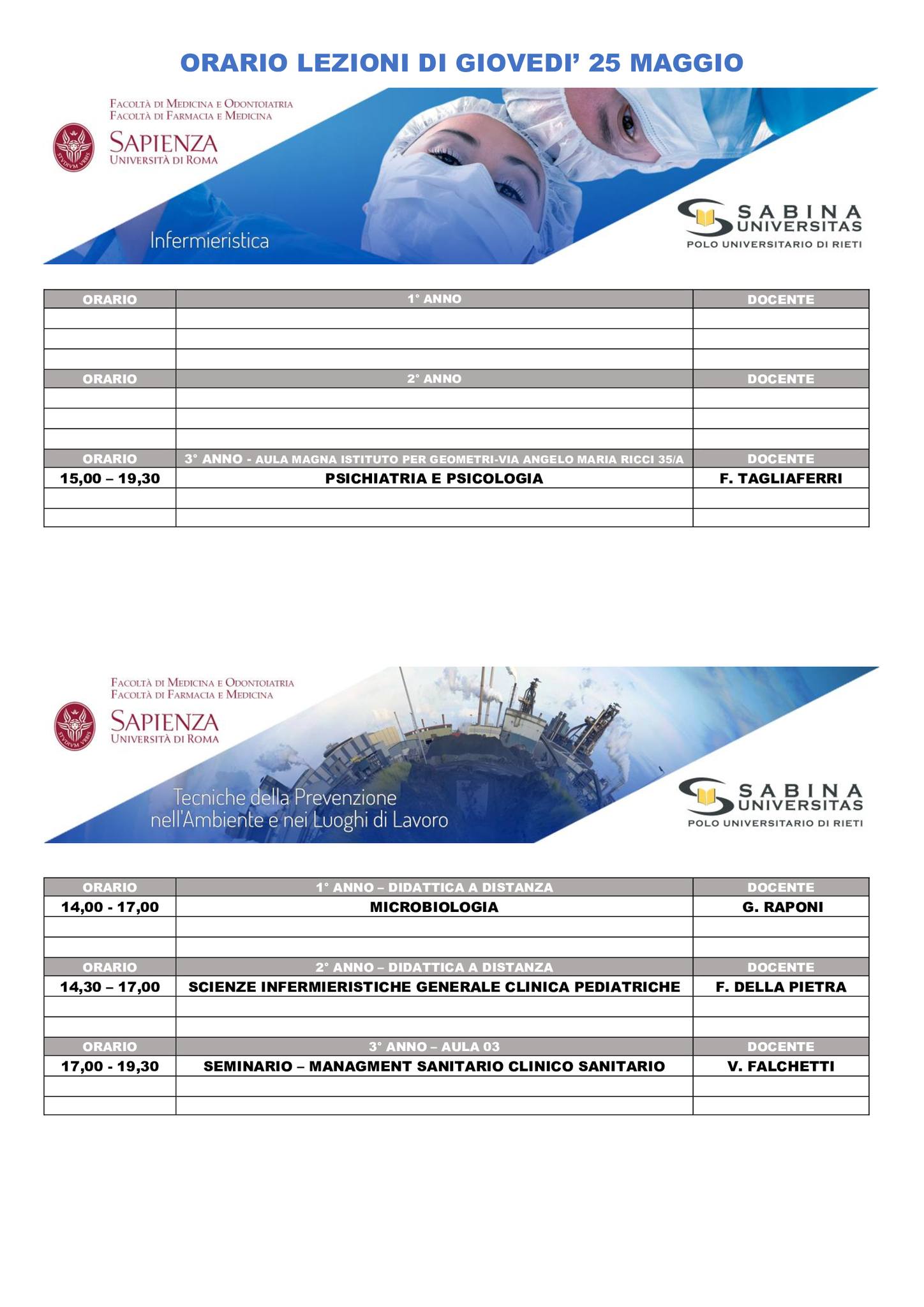 Professioni Sanitarie: orario lezioni di giovedì 25 maggio