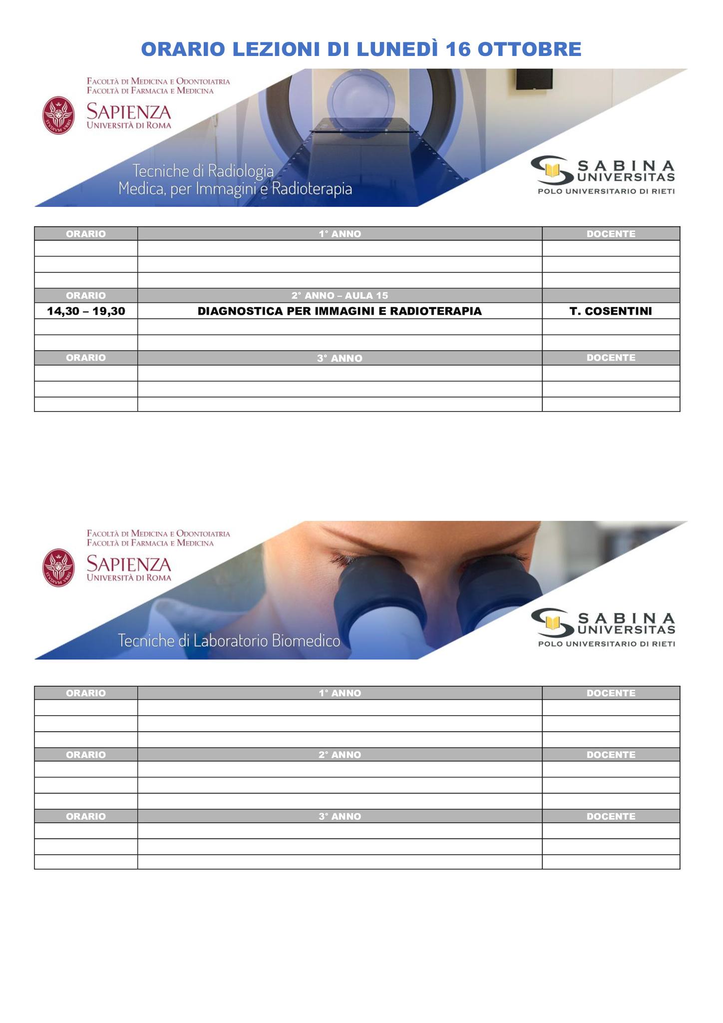 Professioni Sanitarie: orario lezioni di lunedì 16 ottobre