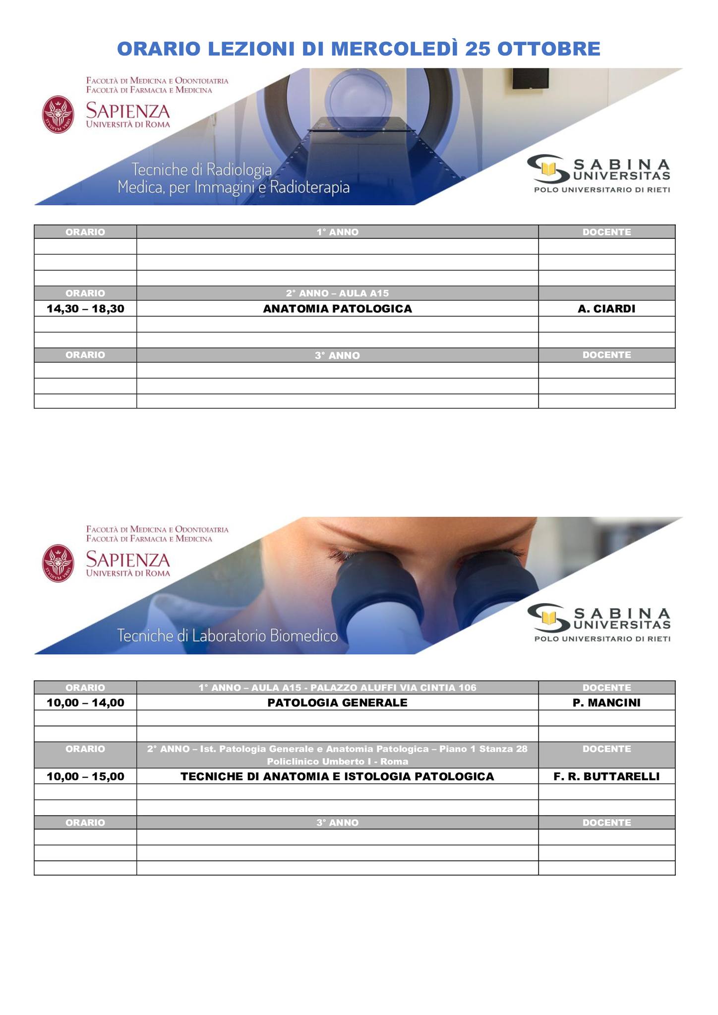 Professioni Sanitarie: orario lezioni di mercoledì 25 ottobre