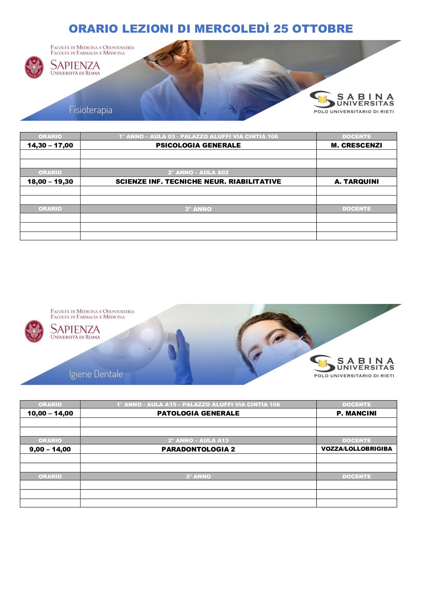 Professioni Sanitarie: orario lezioni di mercoledì 25 ottobre