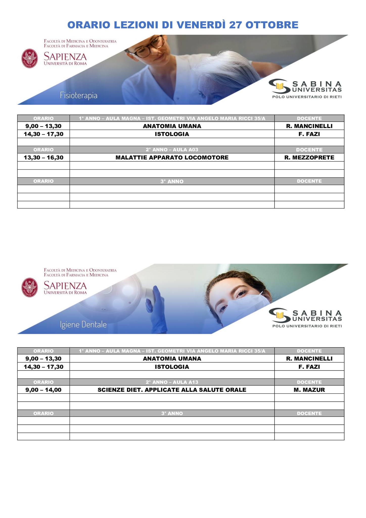 Professioni Sanitarie: orario lezioni di venerdì 27 ottobre