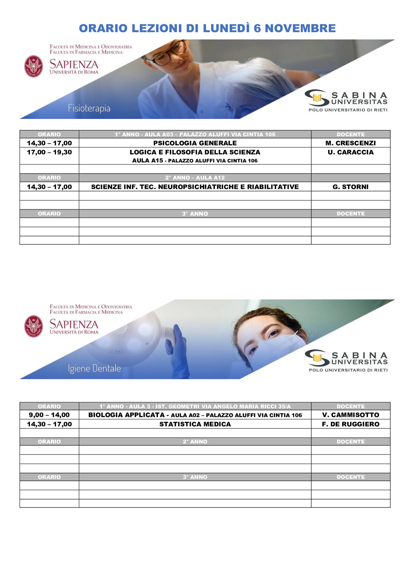 Professioni Sanitarie: orario lezioni di lunedì 6 novembre