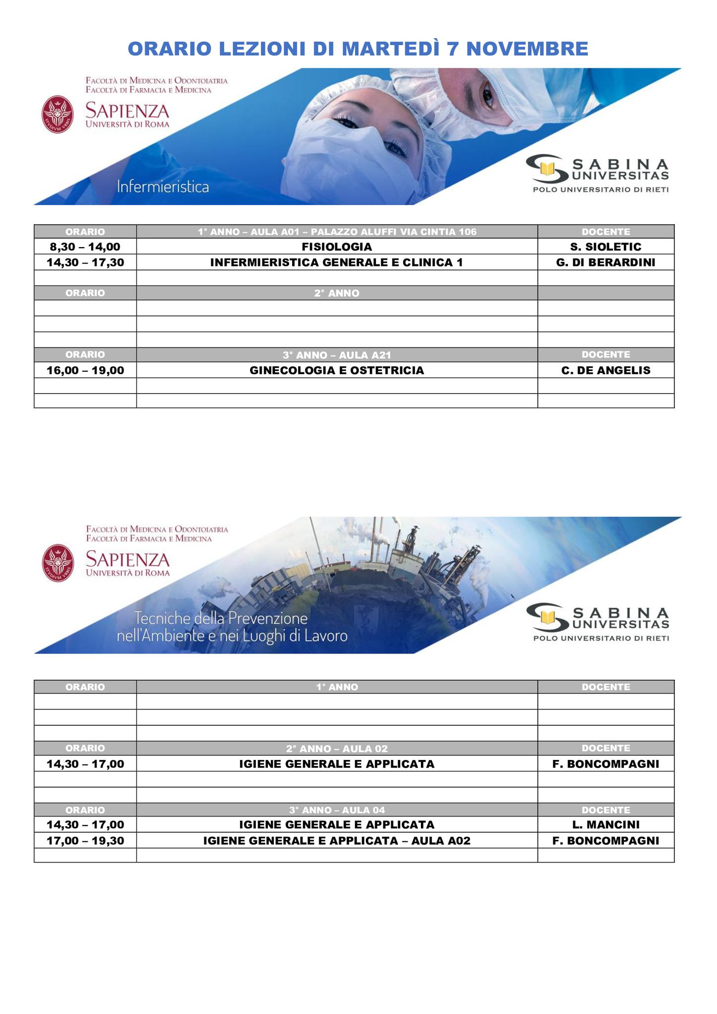Professioni Sanitarie: orario lezioni di martedì 7 novembre