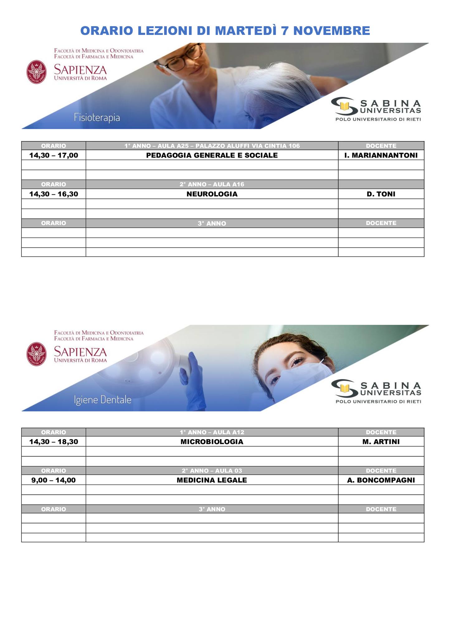 Professioni Sanitarie: orario lezioni di martedì 7 novembre