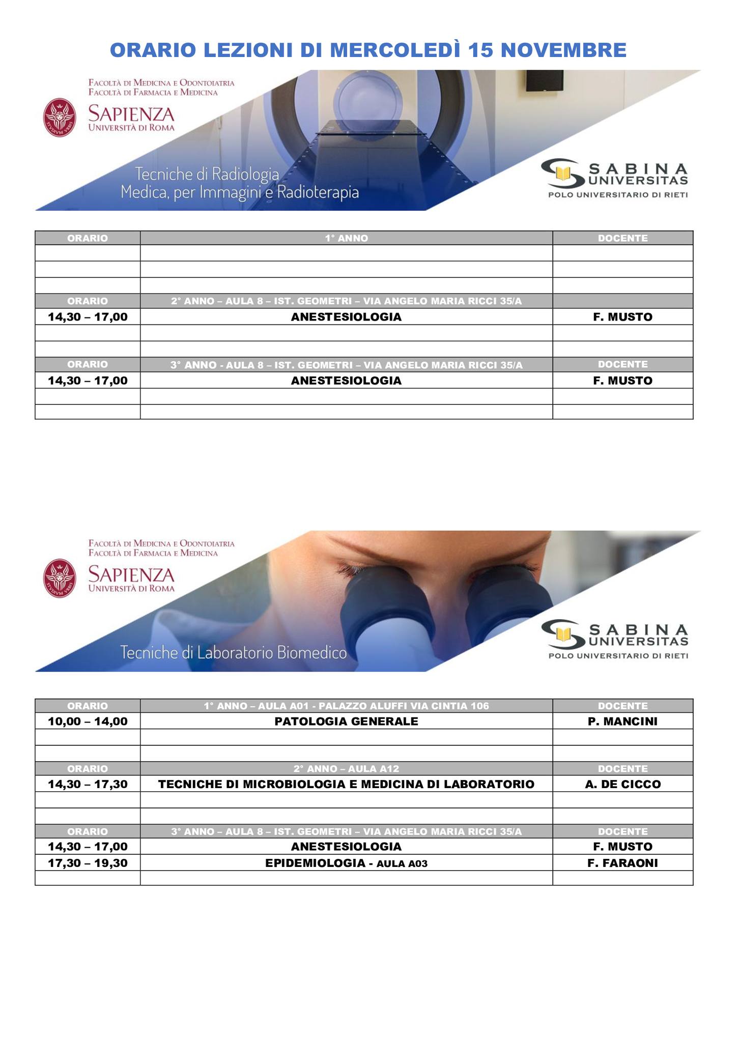 Professioni Sanitarie: orario lezioni di mercoledì 15 novembre
