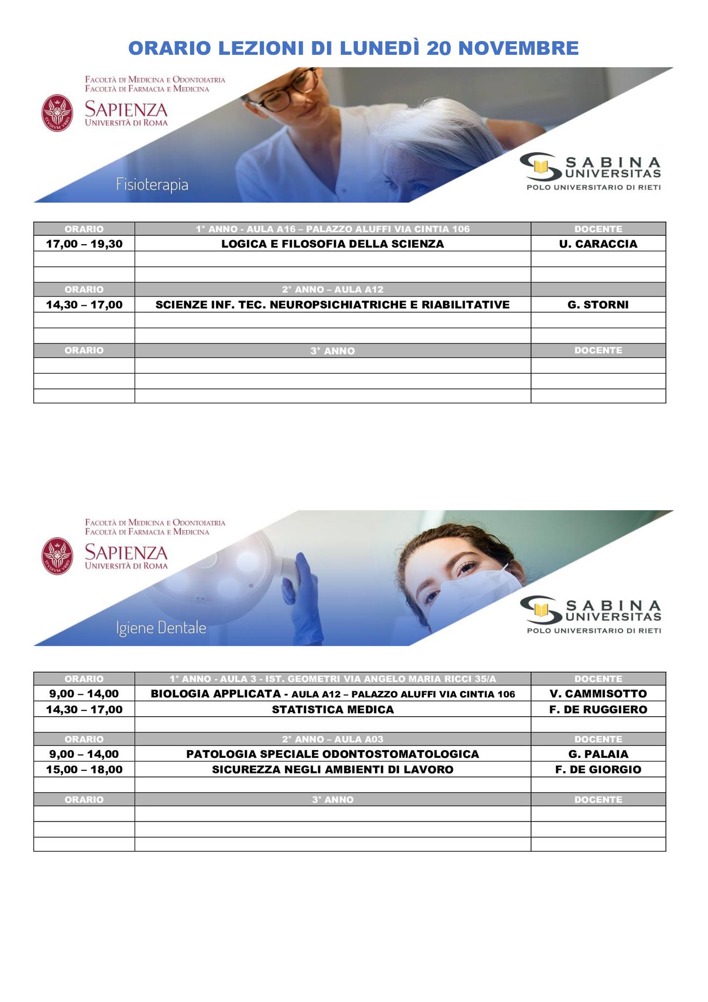 Professioni Sanitarie: orario lezioni di lunedì 20 novembre