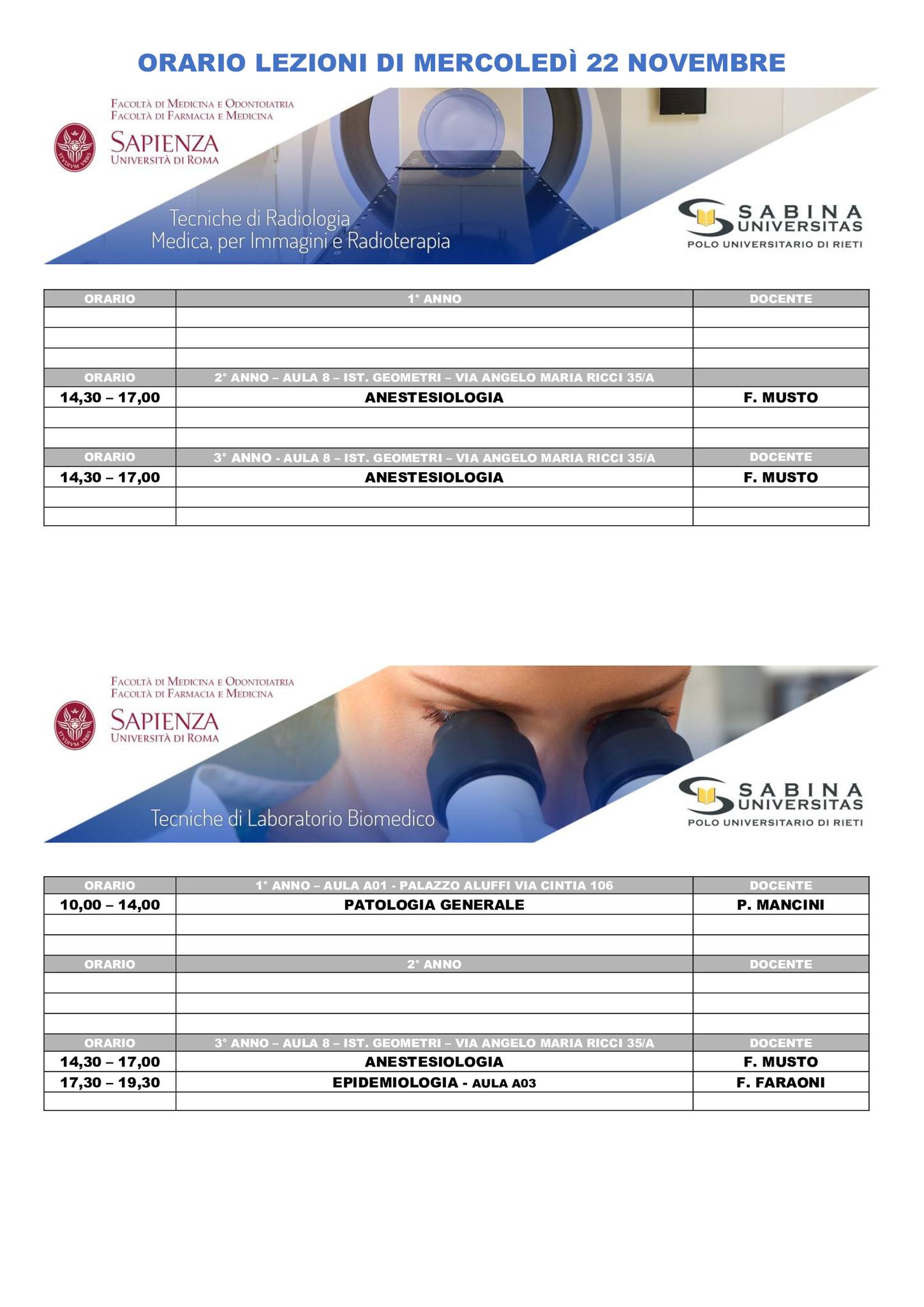 Professioni Sanitarie: orario lezioni di mercoledì 22 novembre