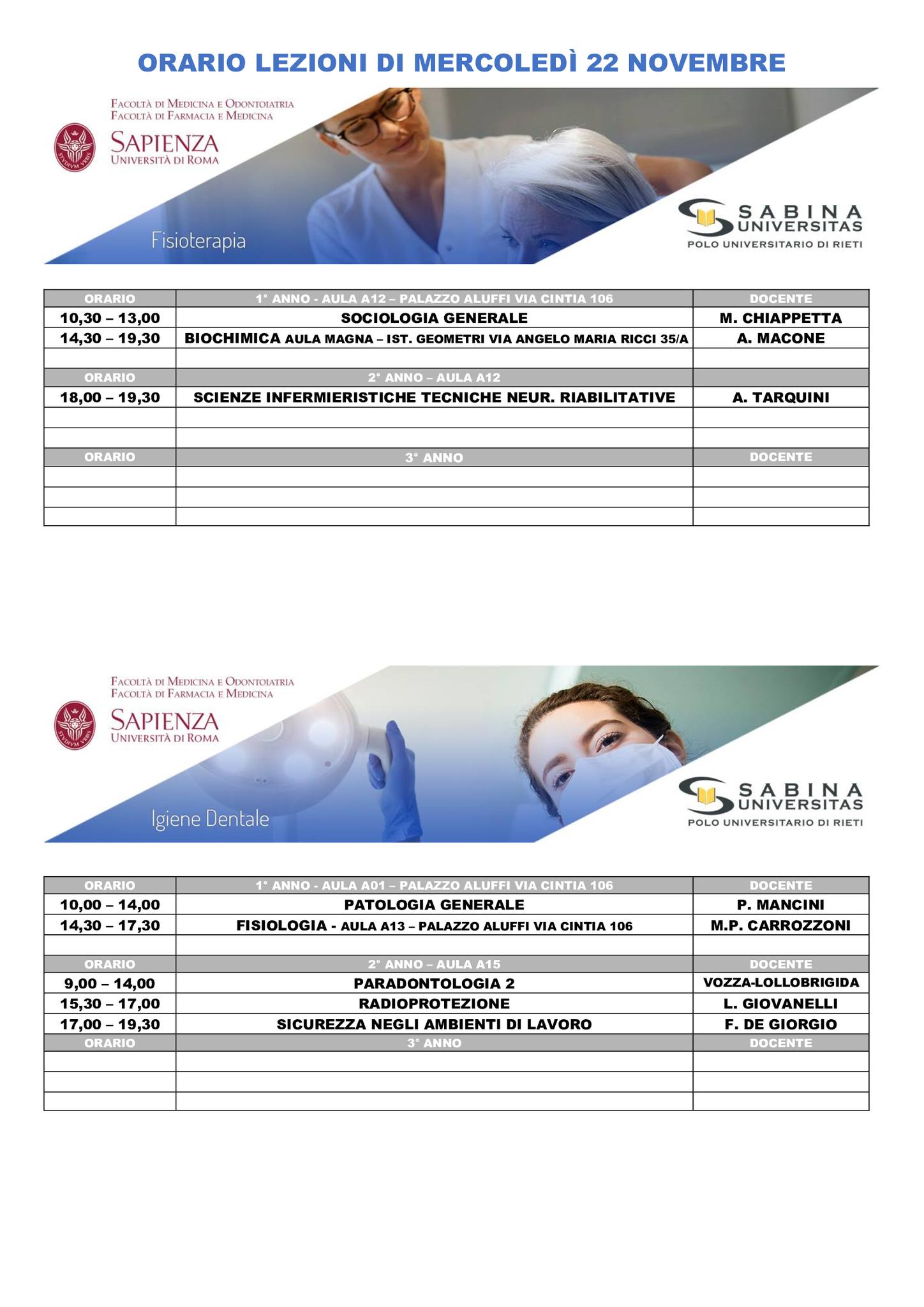 Professioni Sanitarie: orario lezioni di mercoledì 22 novembre
