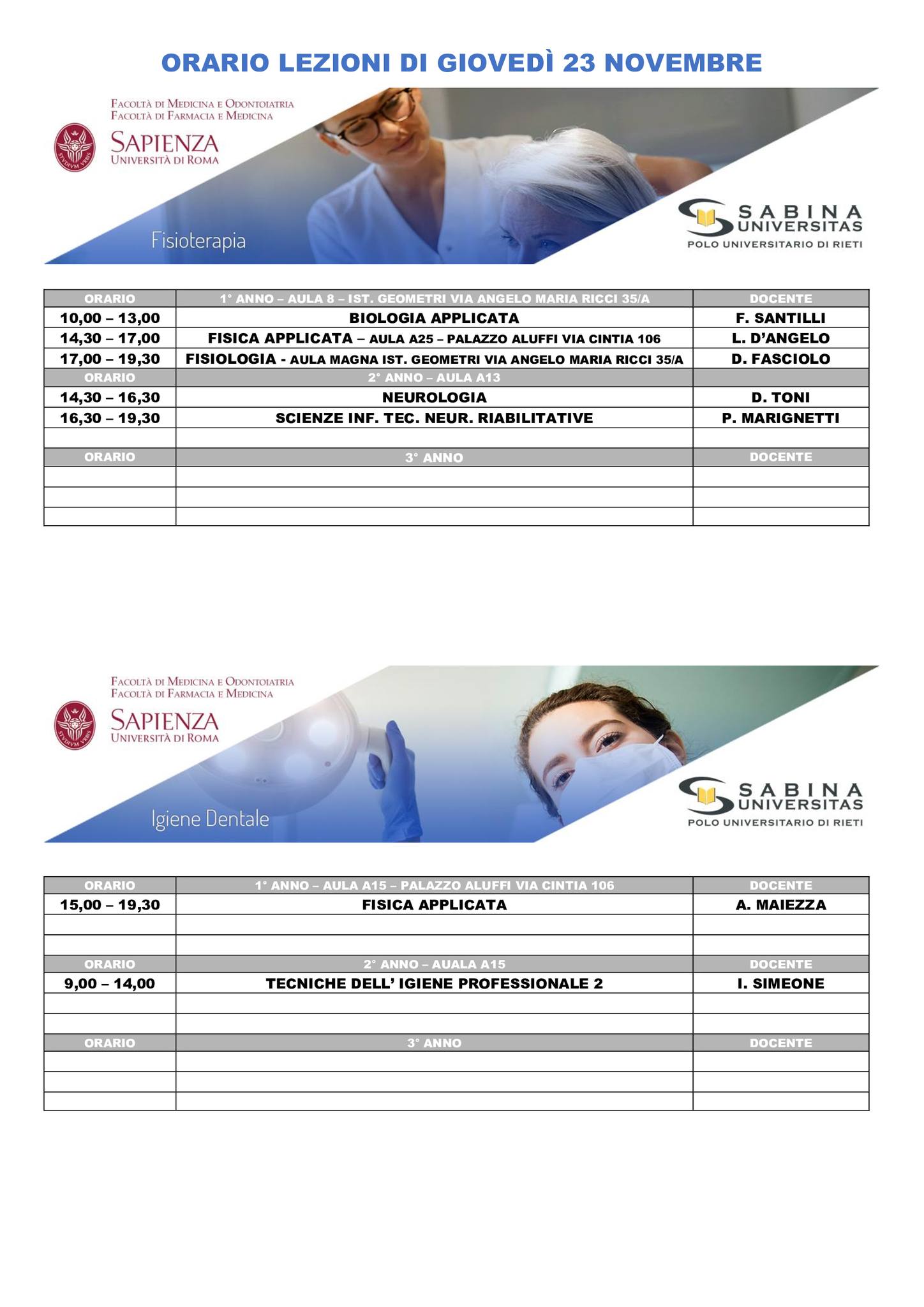 Professioni Sanitarie: orario lezioni di giovedì 23 novembre