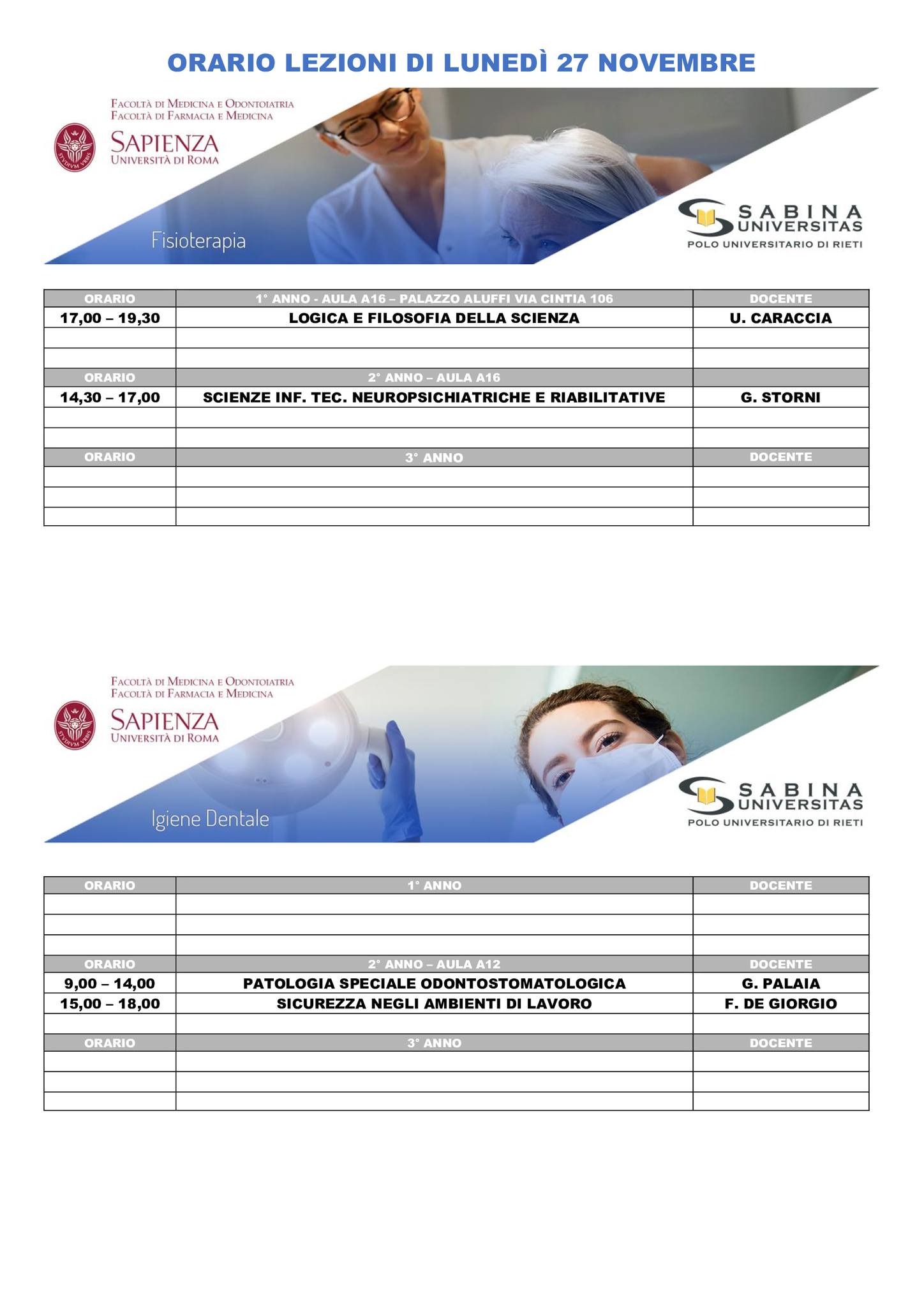 Professioni Sanitarie: orario lezioni di lunedì 27 novembre