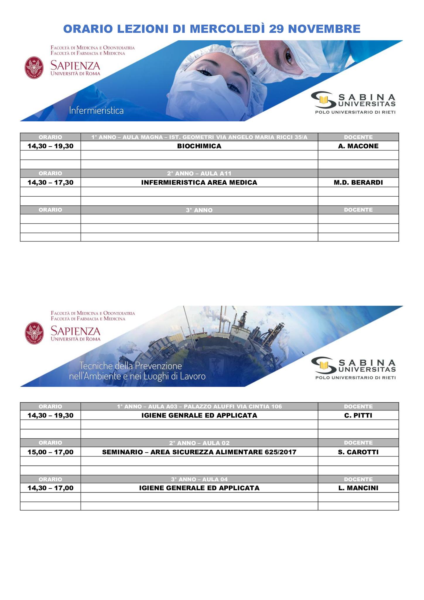 Professioni Sanitarie: orario lezioni di mercoledì 29 novembre
