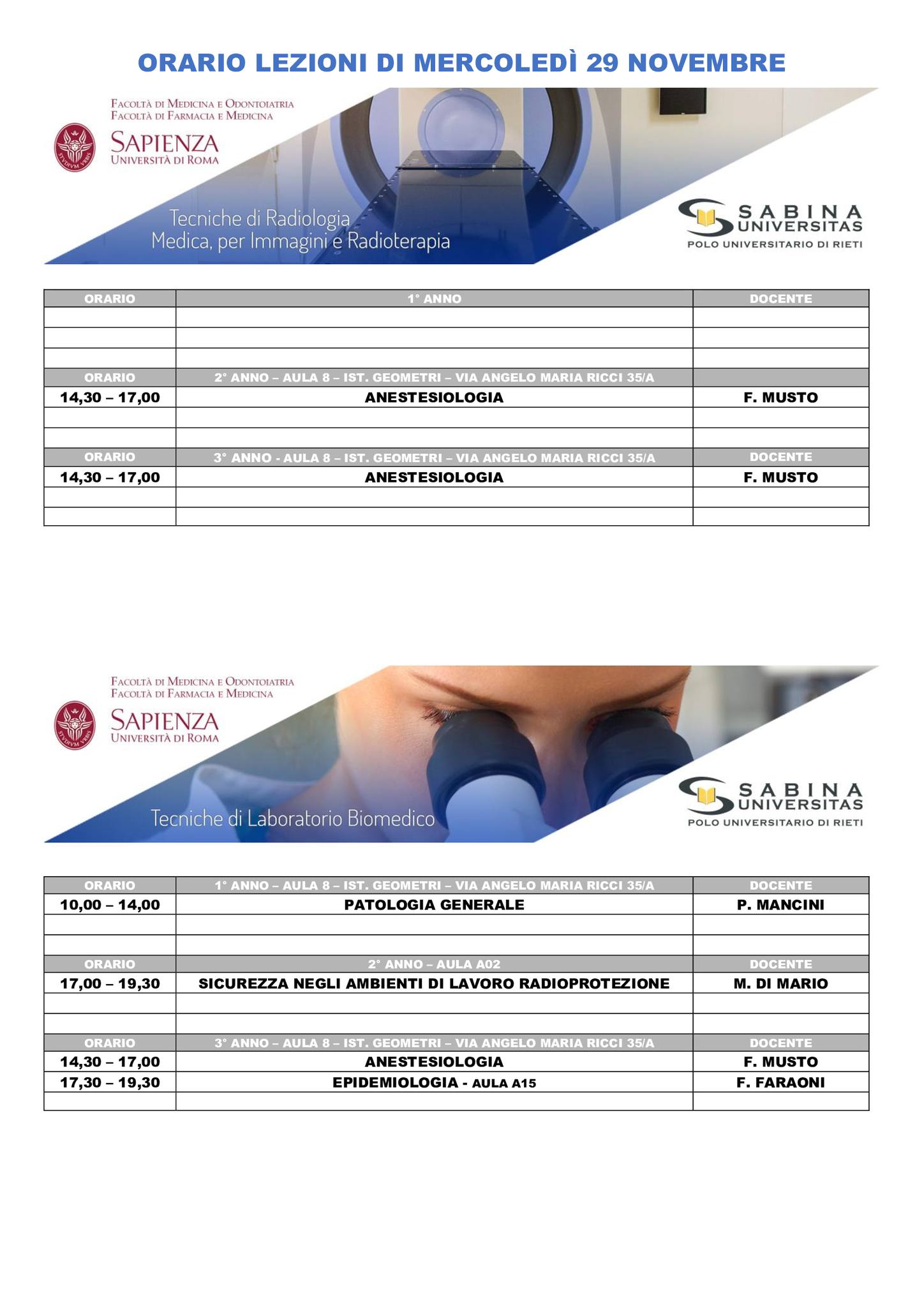 Professioni Sanitarie: orario lezioni di mercoledì 29 novembre