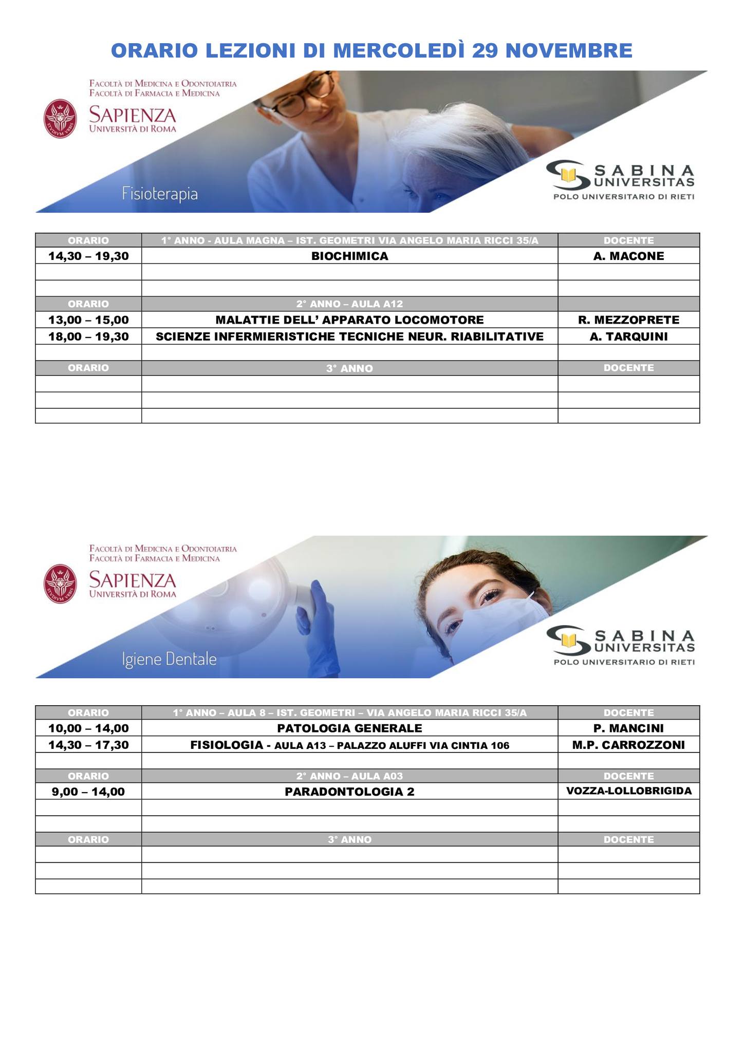 Professioni Sanitarie: orario lezioni di mercoledì 29 novembre