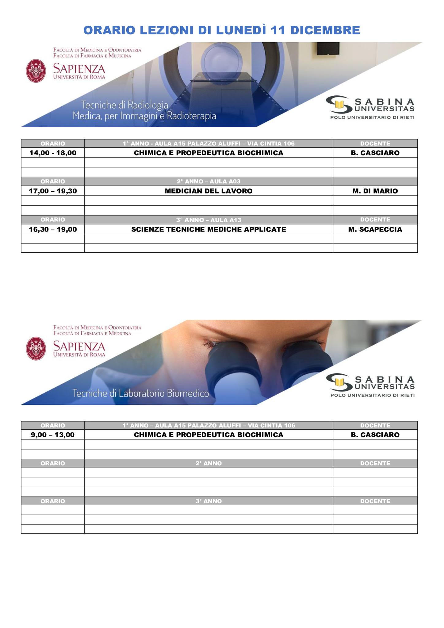 Professioni Sanitarie: orario lezioni di lunedì 11 dicembre