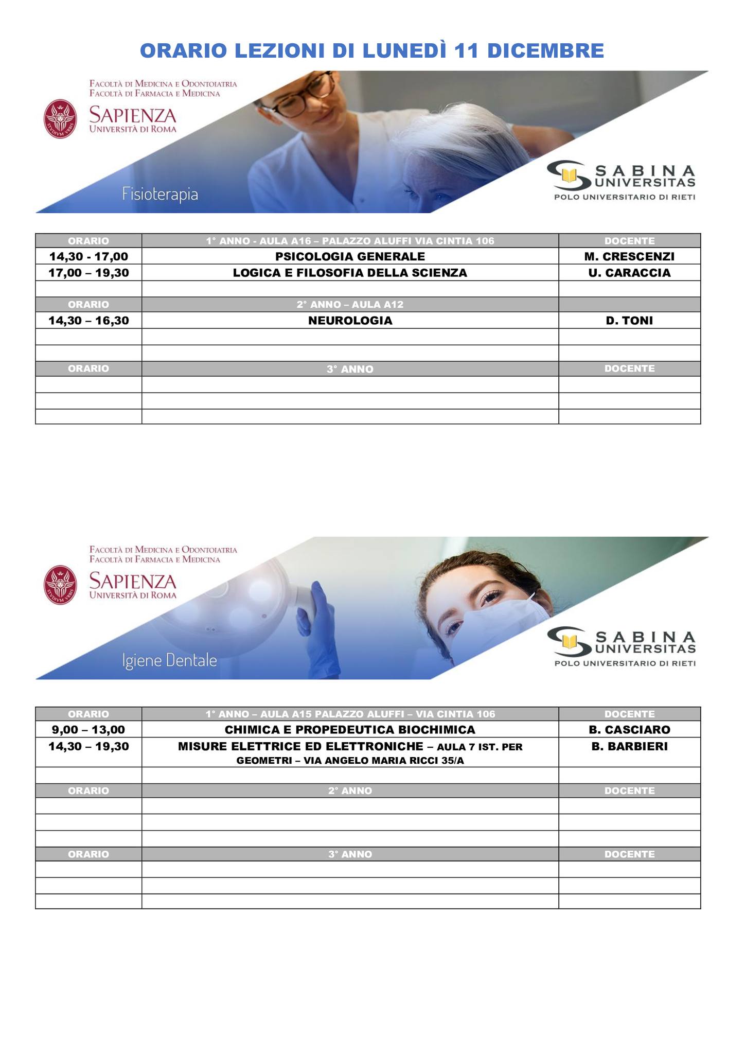 Professioni Sanitarie: orario lezioni di lunedì 11 dicembre