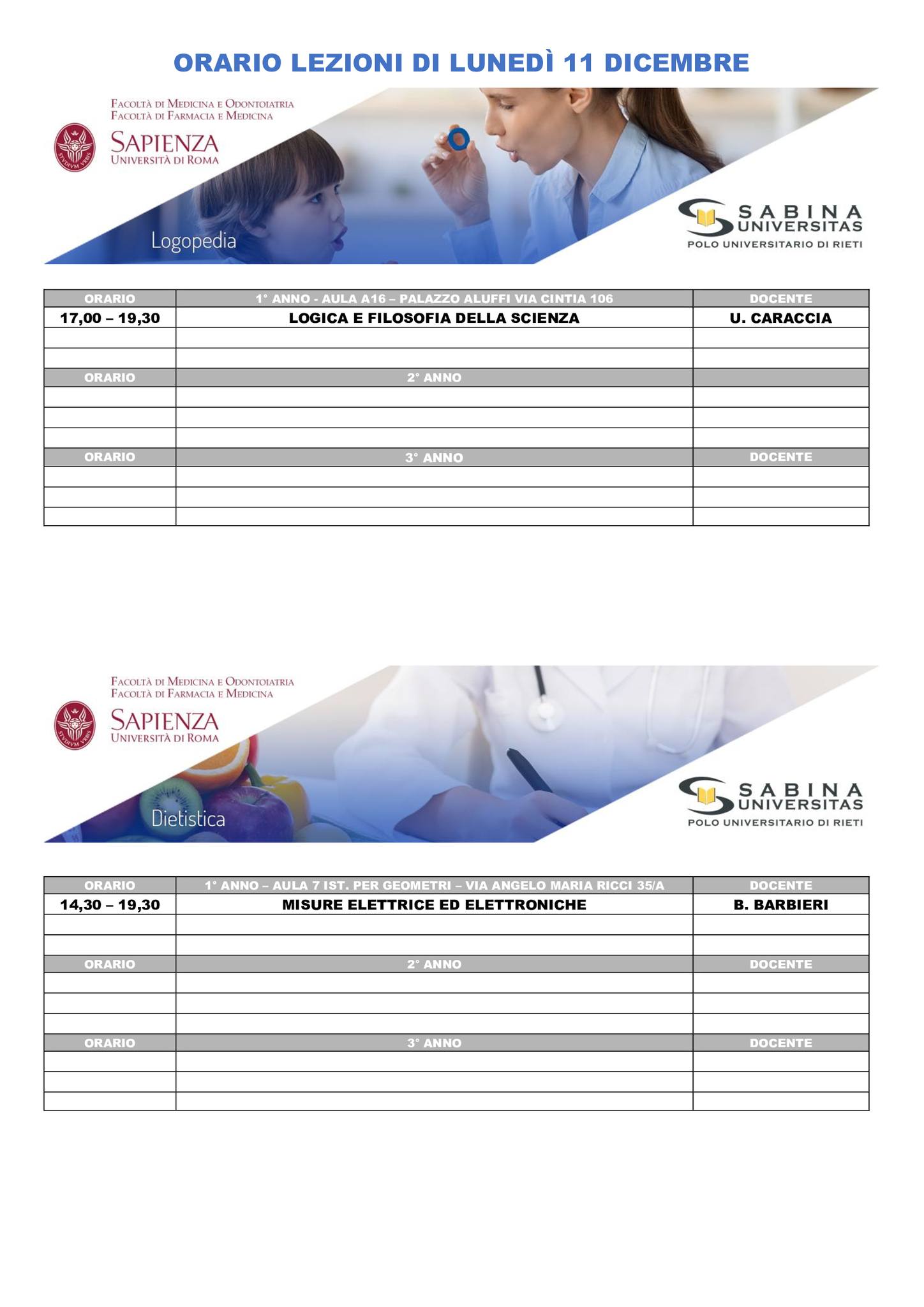 Professioni Sanitarie: orario lezioni di lunedì 11 dicembre