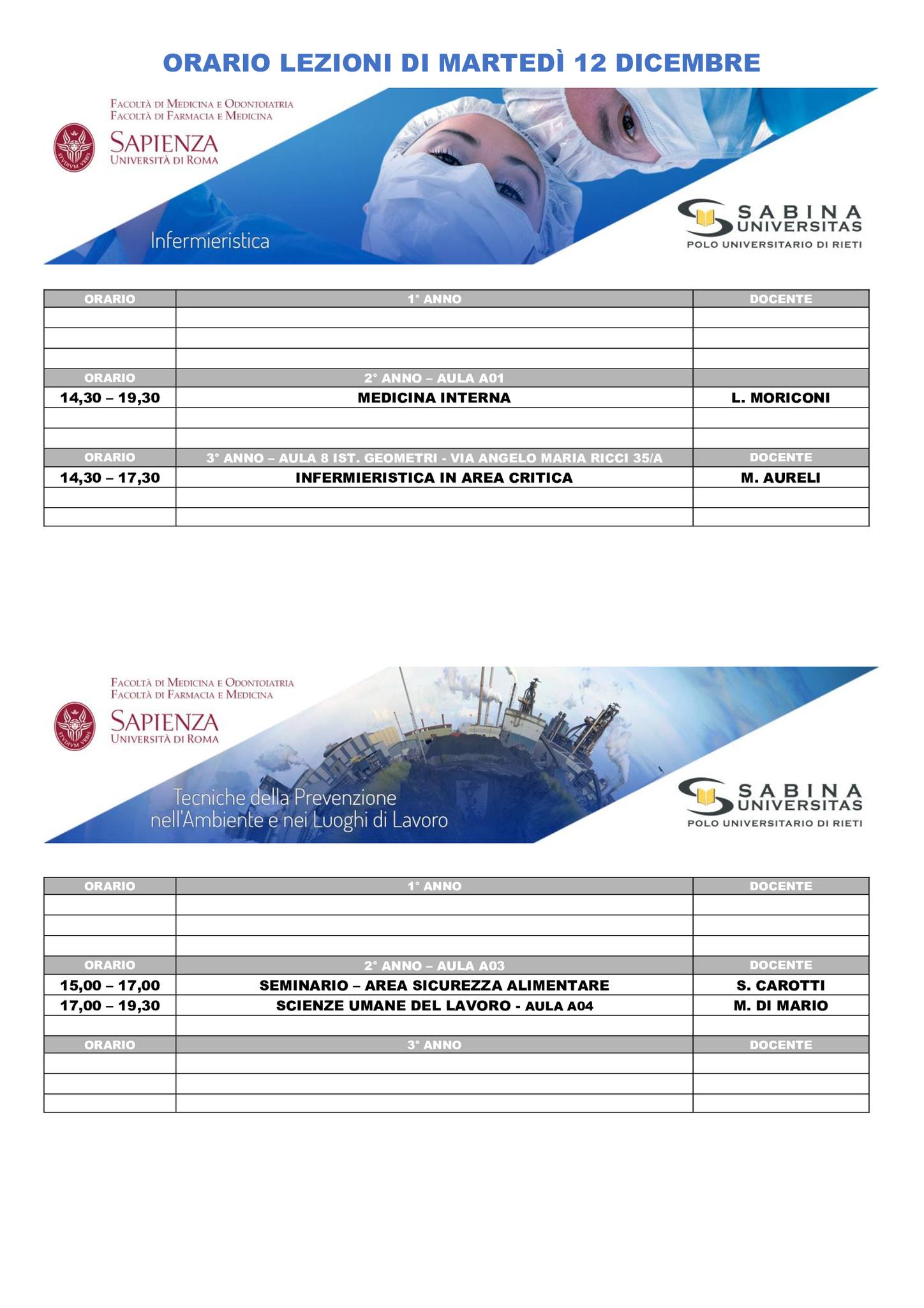 Professioni Sanitarie: orario lezioni di martedì 12 dicembre