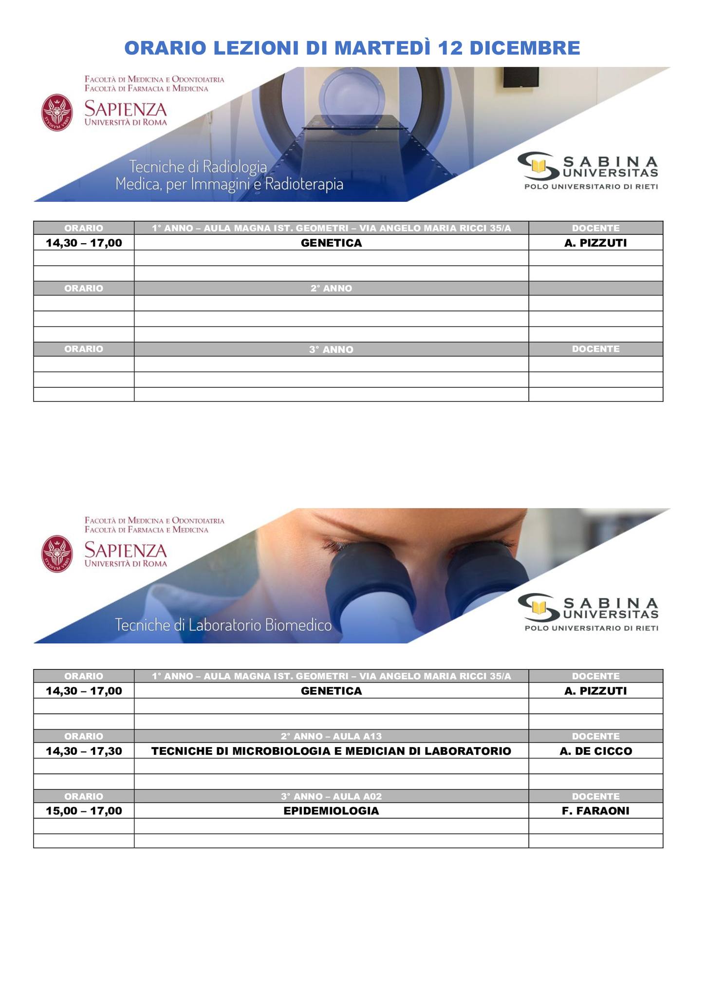 Professioni Sanitarie: orario lezioni di martedì 12 dicembre